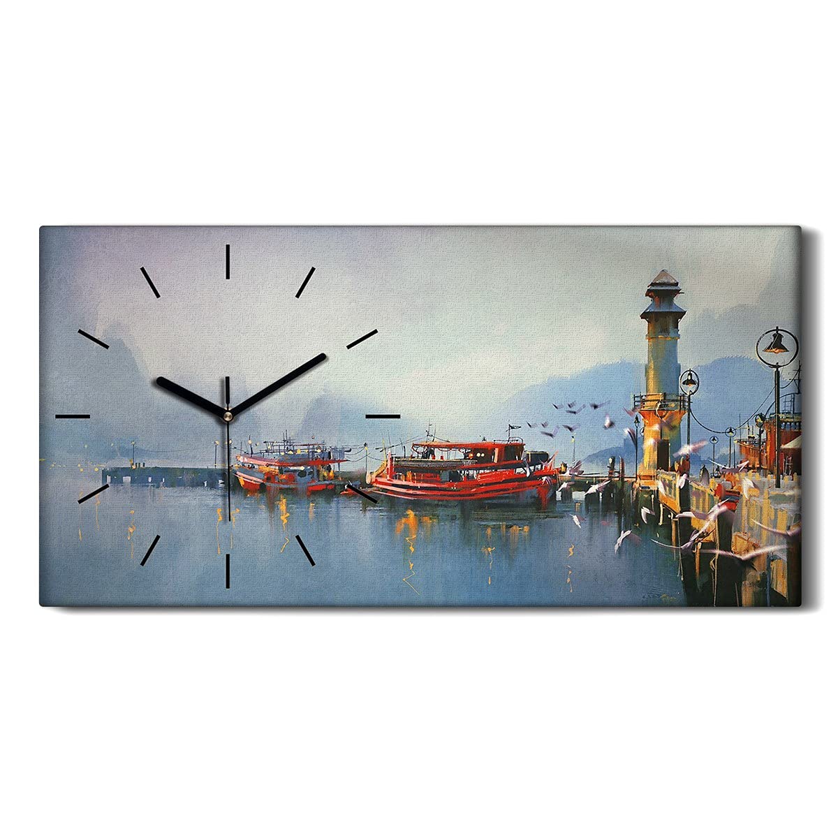 Horloge sur toile 60x30cm motif aquarelle de port de pêche silencieuse pour salon