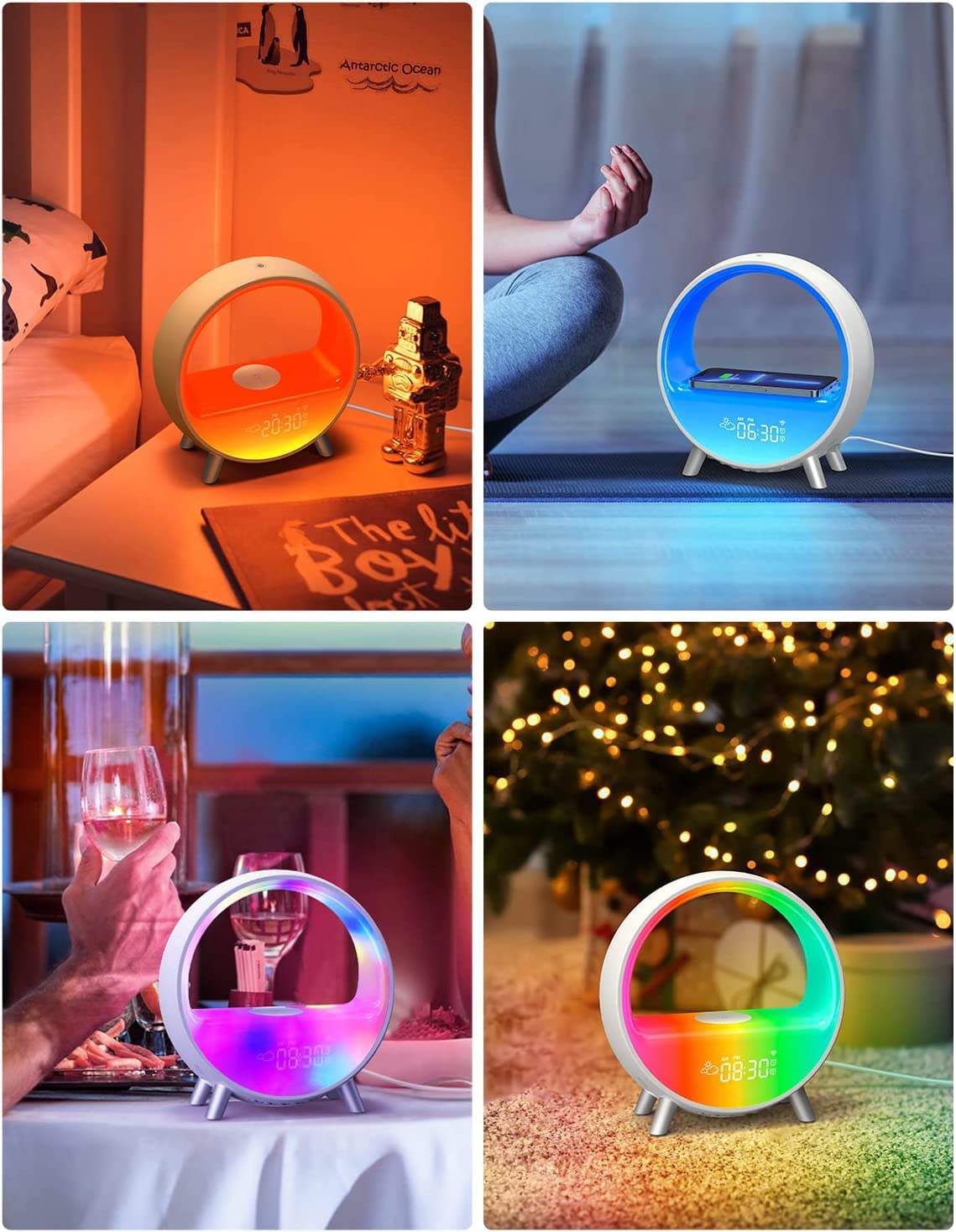 LED Nachttischlampe mit Wecker, WiFi Smart Tischlampe Klangmaschine, Lausprecherkompatibel Alexa/ Google Assistant, 12/24 Kalender, App-Steuerung, Geschenk für Weihnachten, Party, Weiß-1
