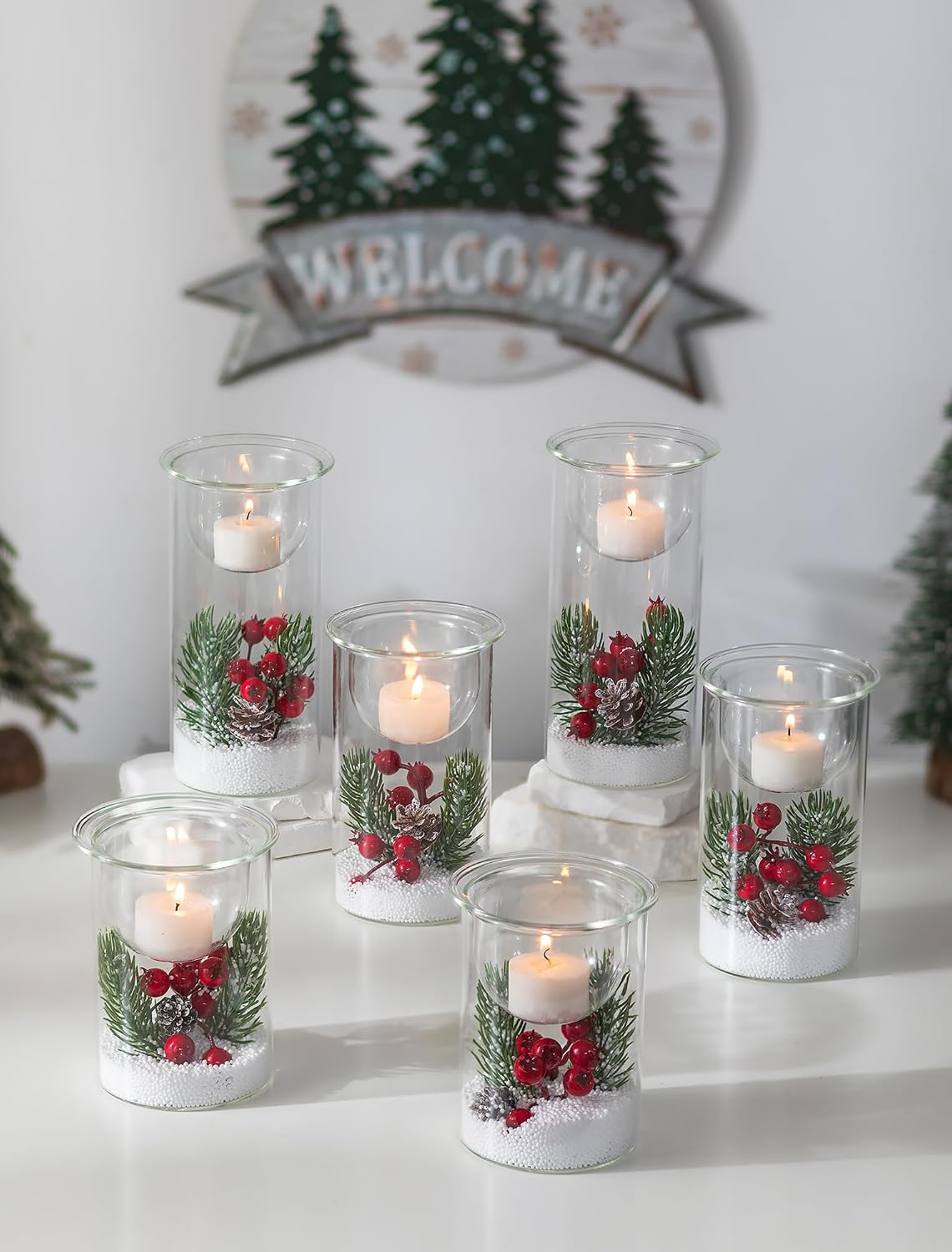 Romadedi Christmas Glass Candle Holder for Table Centerpiece, Set of 3