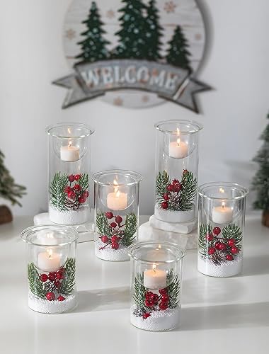 Miniatura 4 de Romadedi Portavelas de Navidad para centro de mesa, juego de 3 portavelas de cristal con adornos de Navidad, soportes votivos transparentes