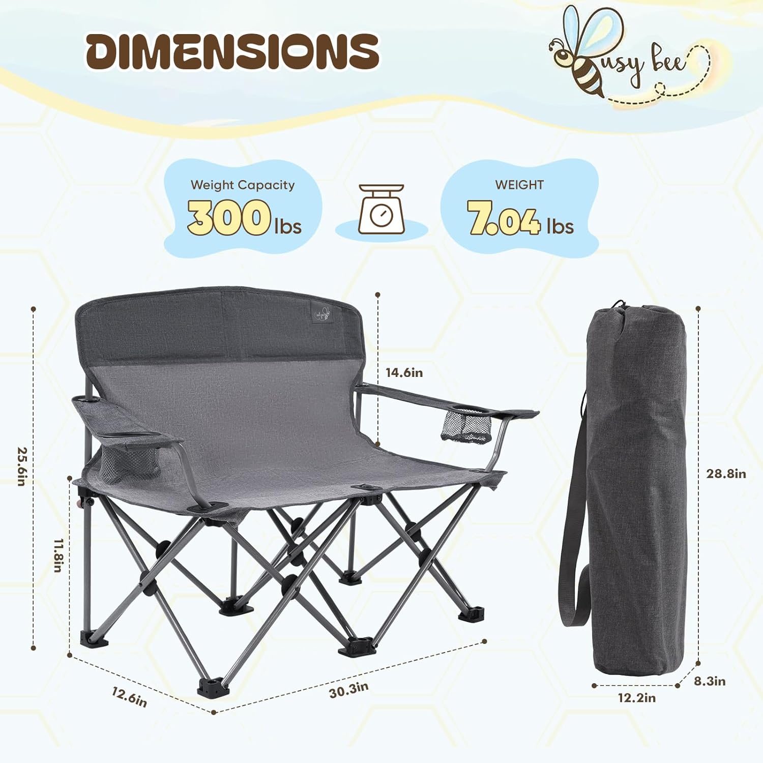 Busy Bee Kids Camping Chair, 30.3" Wide Loveseat, Perfect Child Couch for Home Movie Nights, Patios, or Picnics, Adjustable Arms, Cup Holders and Anti-Collapse Lock, Supports up to 300 Lbs.