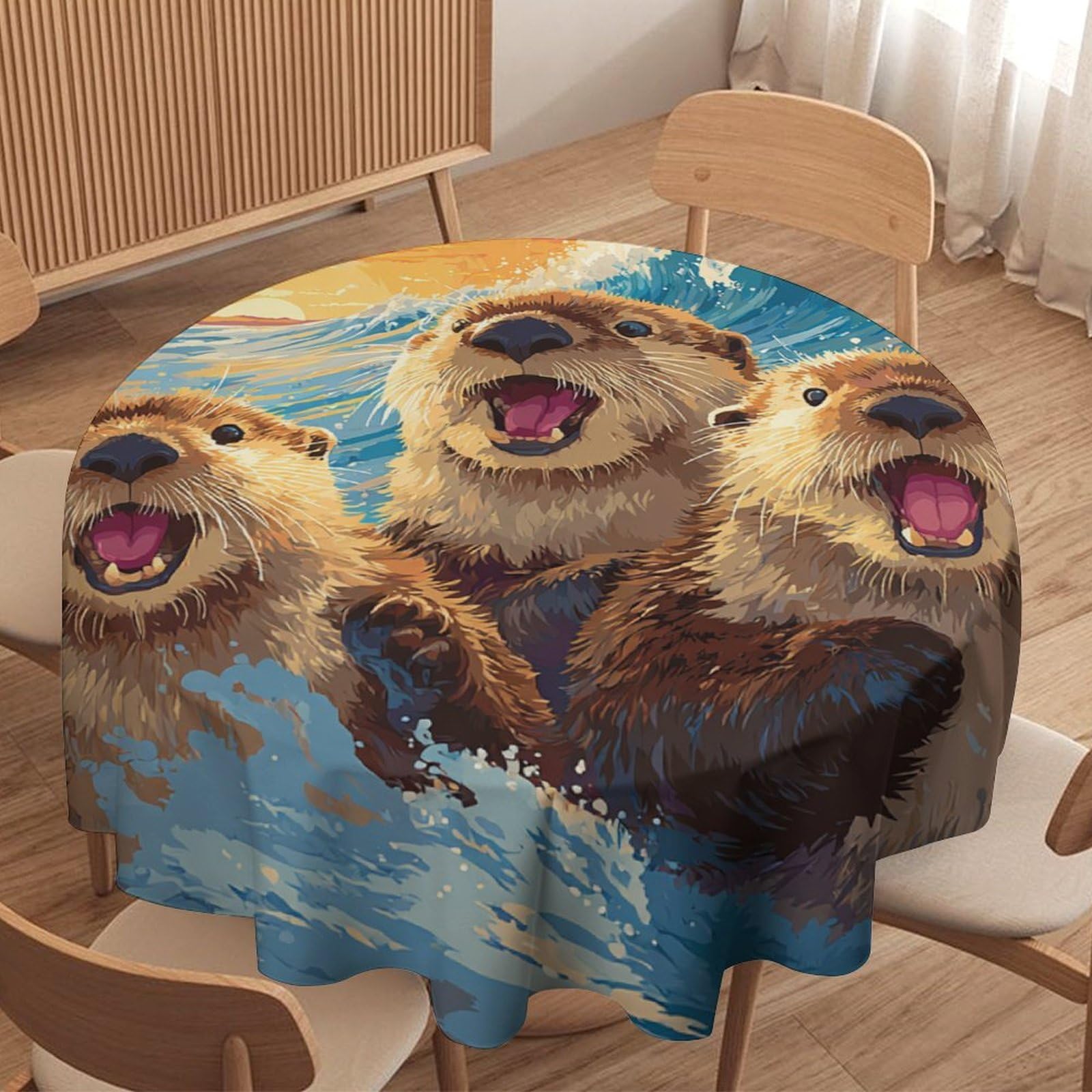 LUYYSKY Realistic Oil Painting Cute Otters Round Tablecloth Beautiful Nautical Sunset Sea Birds Seagulls Animals Otters Print Washable Decor for Table Cover for Kitchen-177.8" Wx177.8 L cm