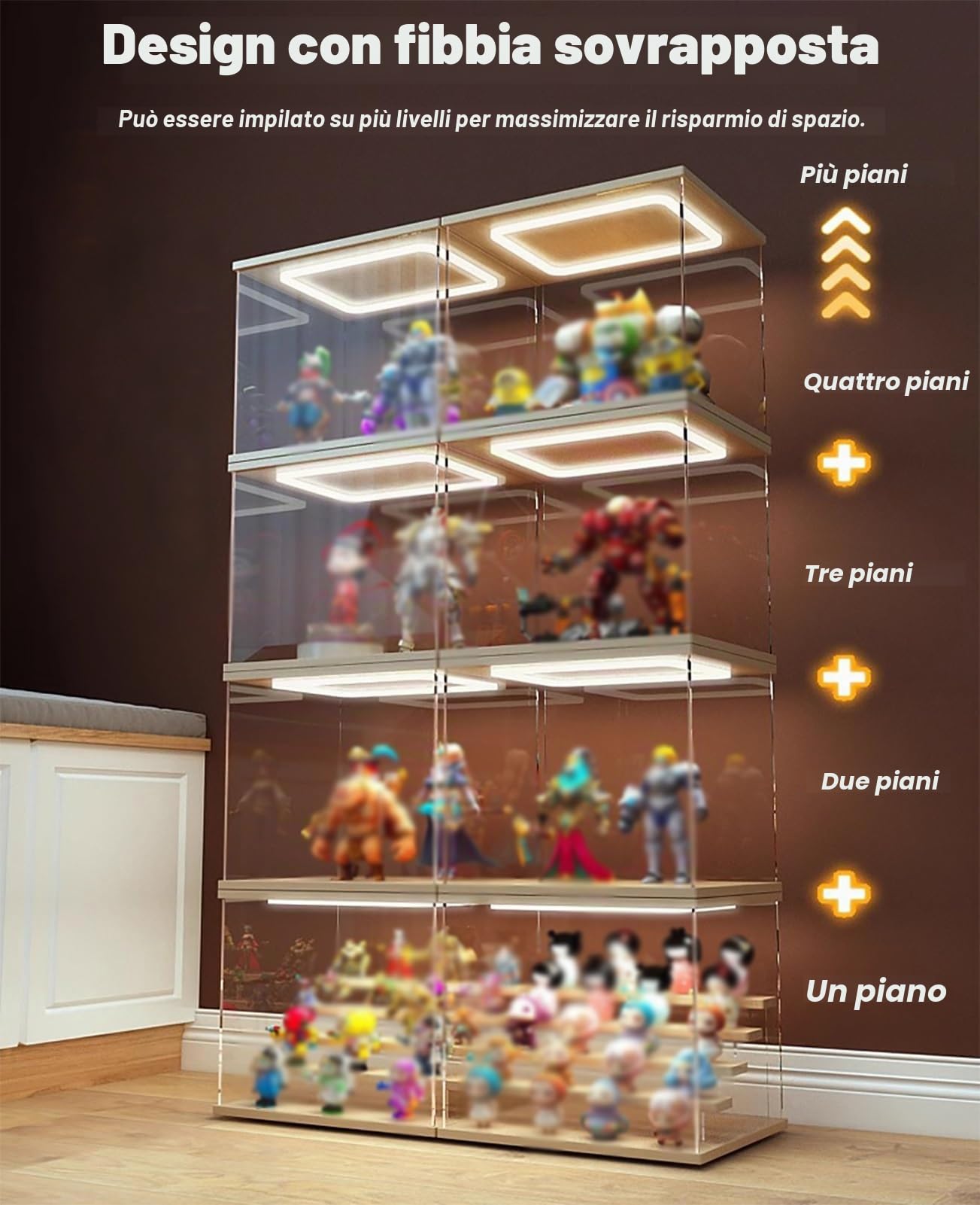 Teca Plexiglass Vetrina Espositiva Quadrata In Acrilico Trasparente con Luce a LED, 10 15 20 25 30 35 40 45 50 60cm Scatola Espositiva Coperchio, Vetrinetta Action Figure(40x40x40cm/16"x16"x16")
