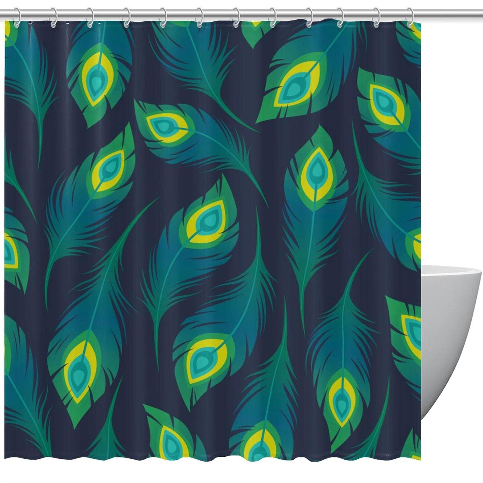 Rideau de douche imperméable et coloré motif plumes de paon vert