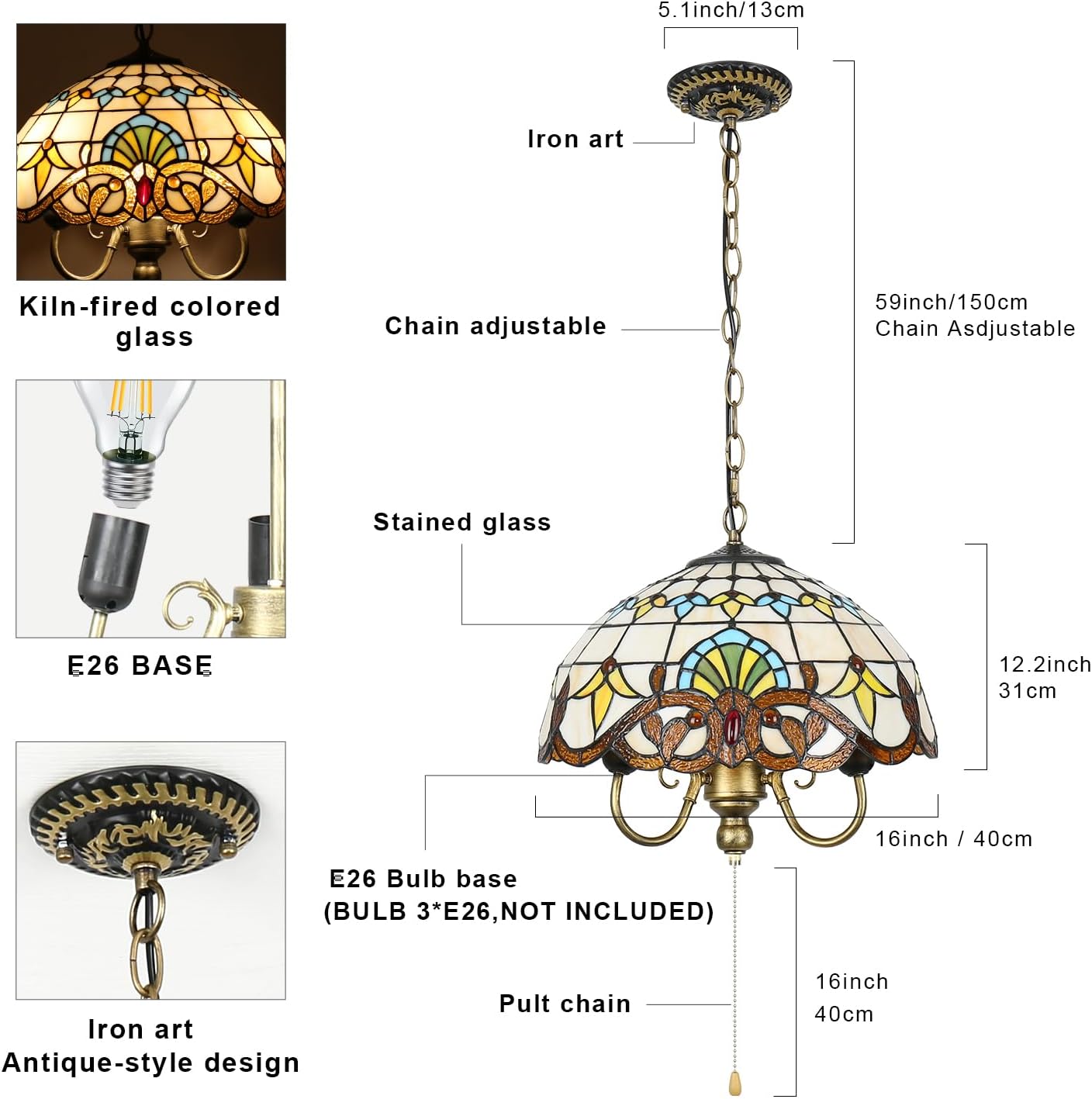 Tiffany Pendant Light, Stained Glass Lamp, 16 Inch Wide 3-Light Inverted Ceiling Pendant Lights for Living Dining Room Kitchen Bedroom Entryway