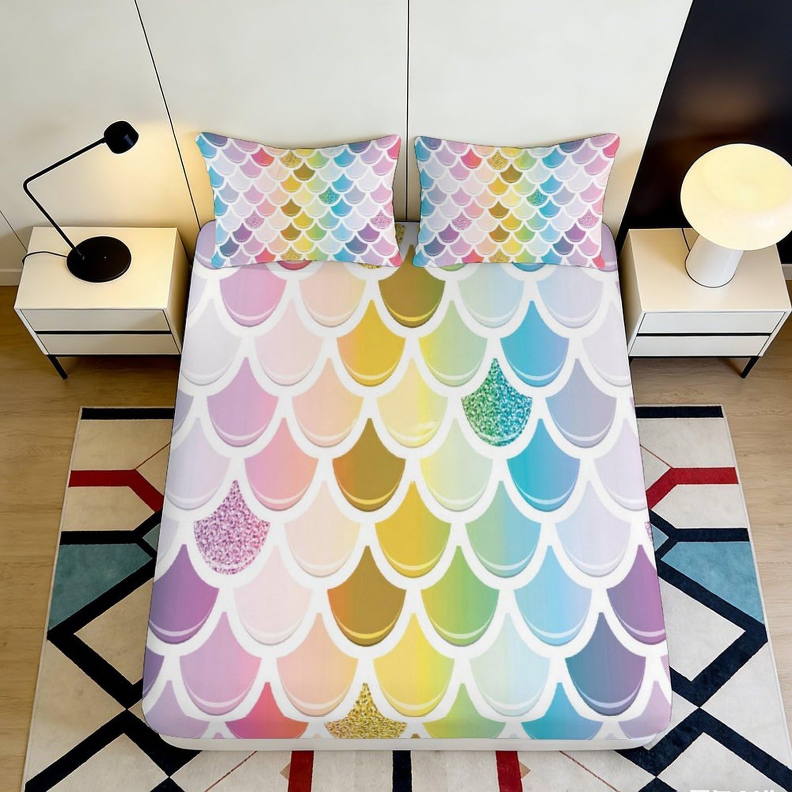 Jqzkxnhpbr Style-6 3D Printed Rainbow Mermaid Scales Fitted Sheet Microfiber Soft Breathable Pastel Mosaic Mattress Cover For Bedroom Dorm Decor 90X200x25cm