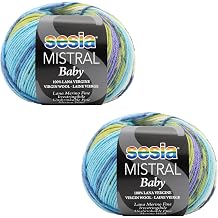 2 Skeins, 100% Fine Merino Wool Unshrinkable, 382 Yds/3.50 oz., Needles US 2.5-4, Multicolor Yarn for Knitting and Crocheting Sesia Mistral Baby 2, Multicolor - 3443