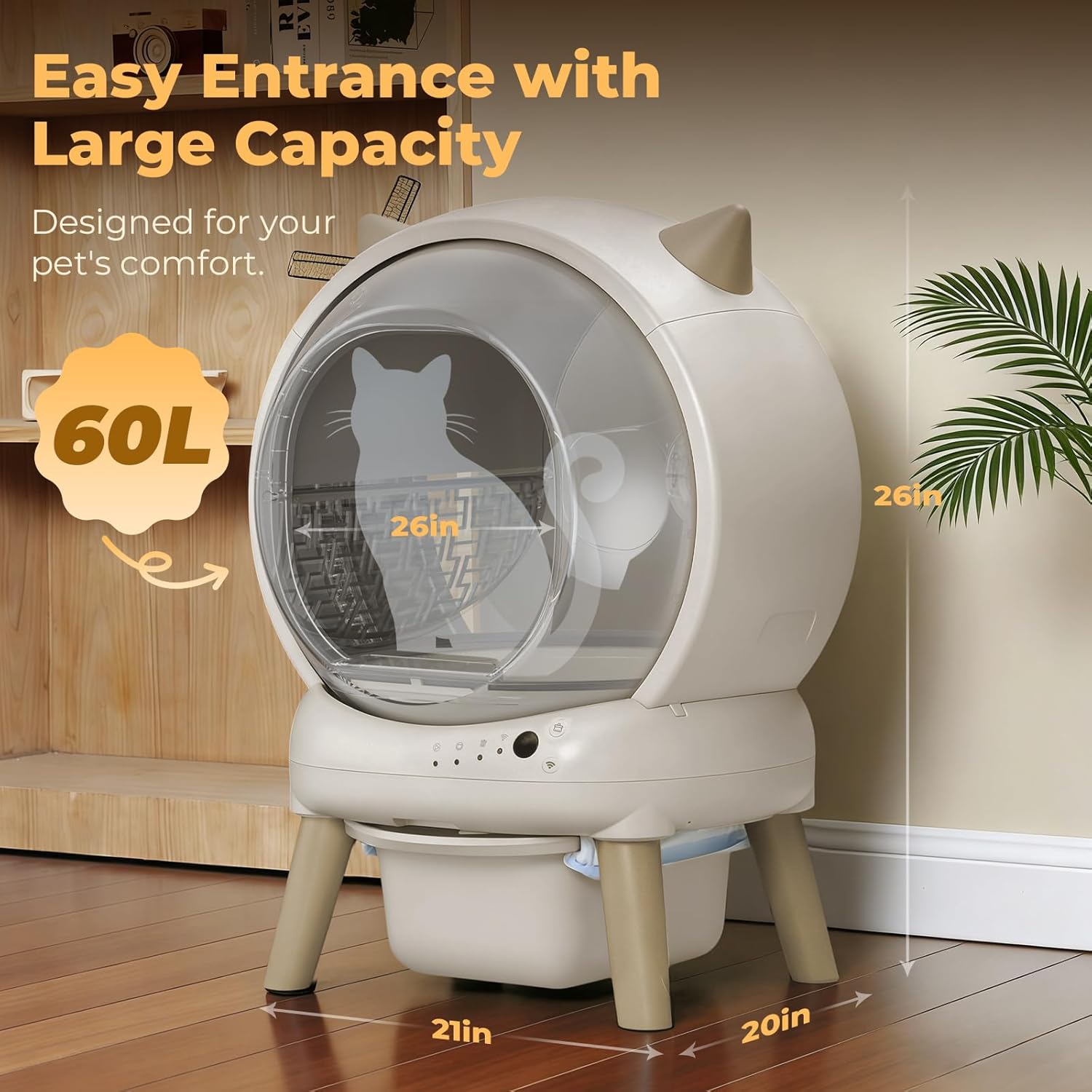 Self Cleaning Litter Box for Cats, E2 Automatic Cat Litter Box with Smart APP Control and Health Monitoring, Includes 2 Roll Trash Bag & Litter Mat, Off White