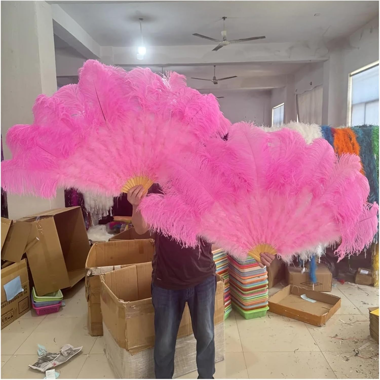 Large 130CM 100CM Fluffy Ostrich Feather Fan Decorate Halloween Wedding Party Decoration Belly Dance DIY Plumas Bars(Coffee,2 Pcs 130CM)