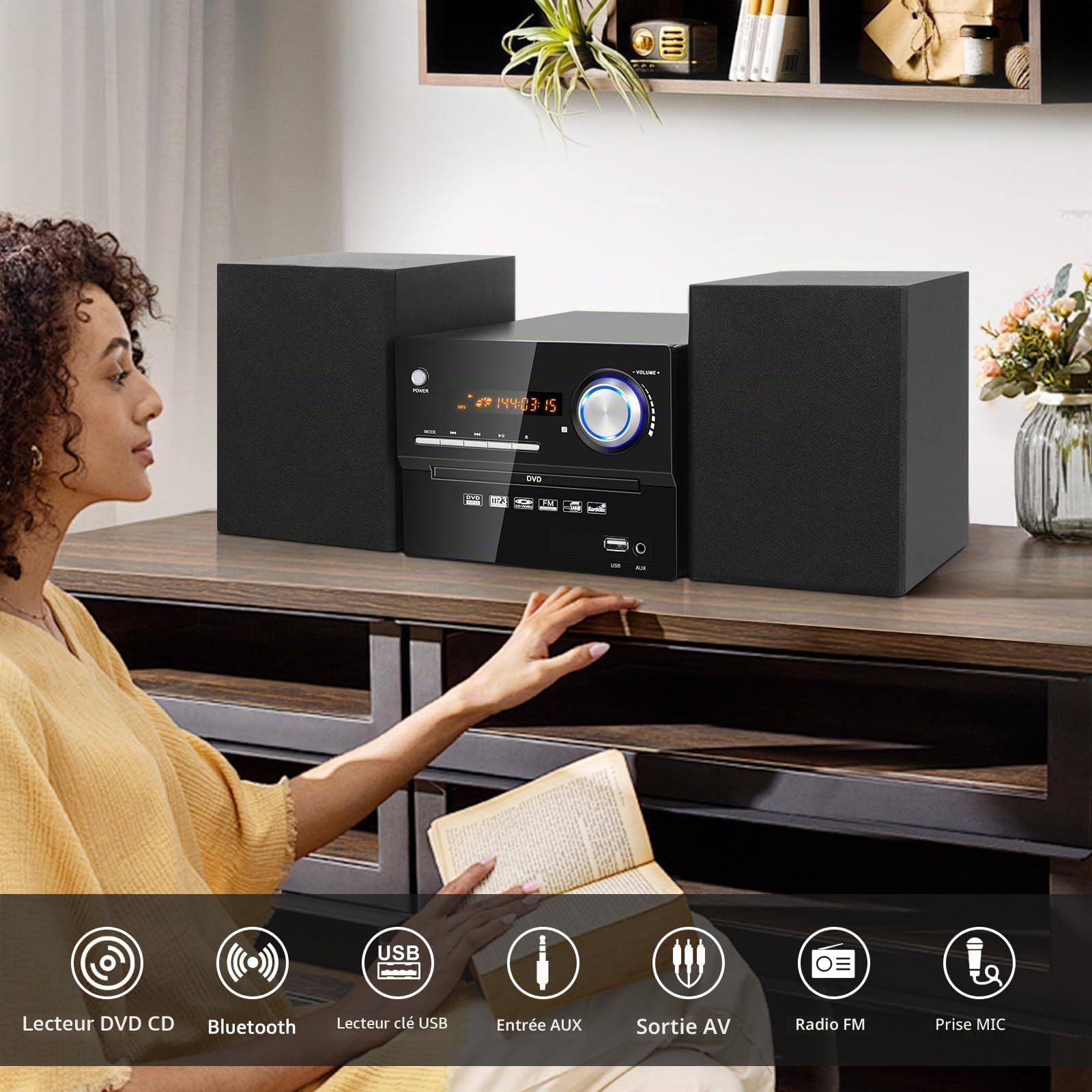 Mini Chaîne HiFi CD, Micro Chaînes Hi-FI Stéréo 30W, Micro-Système Audio Bluetooth, Radio FM, Lecteur CD/DVD Stereo, Entrée Auxiliaire, Lecture USB et Sortie RCA, Design Élégant Adapté pour la Maison