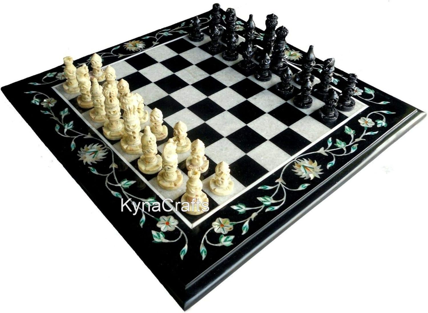 14 x 14 Inches Chess Game Table for Kids Room Mother of Pearl Inlay Work Square Shape Black Marble Coffee Table Top