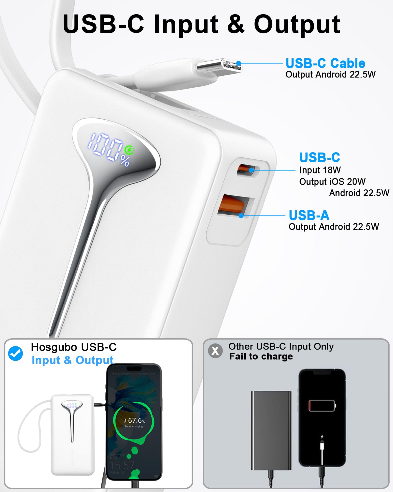 Powerbank Cellulare Caricatore Portatile con USB-C Ingressi e Uscite Compatibile per Android (viola)