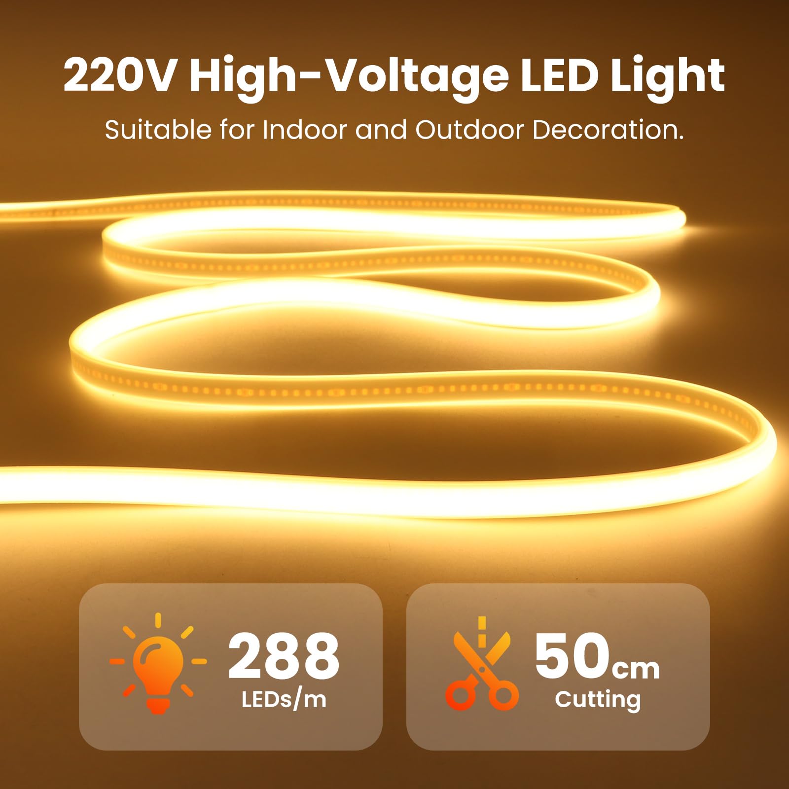 KISUFU Tira LED COB 220V, 288 LEDs/m IP65 Impermeable Neon Luces de LED Light Strip con Temporizador de 3 etapas de 4 teclas Para Habitacion, Dormitorio, Patio.