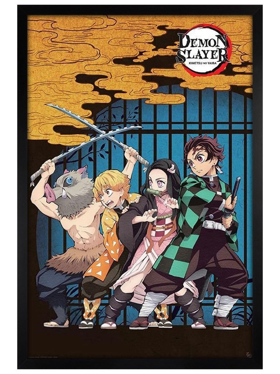 Black Wooden Framed Demon Slayer Group Maxi Poster