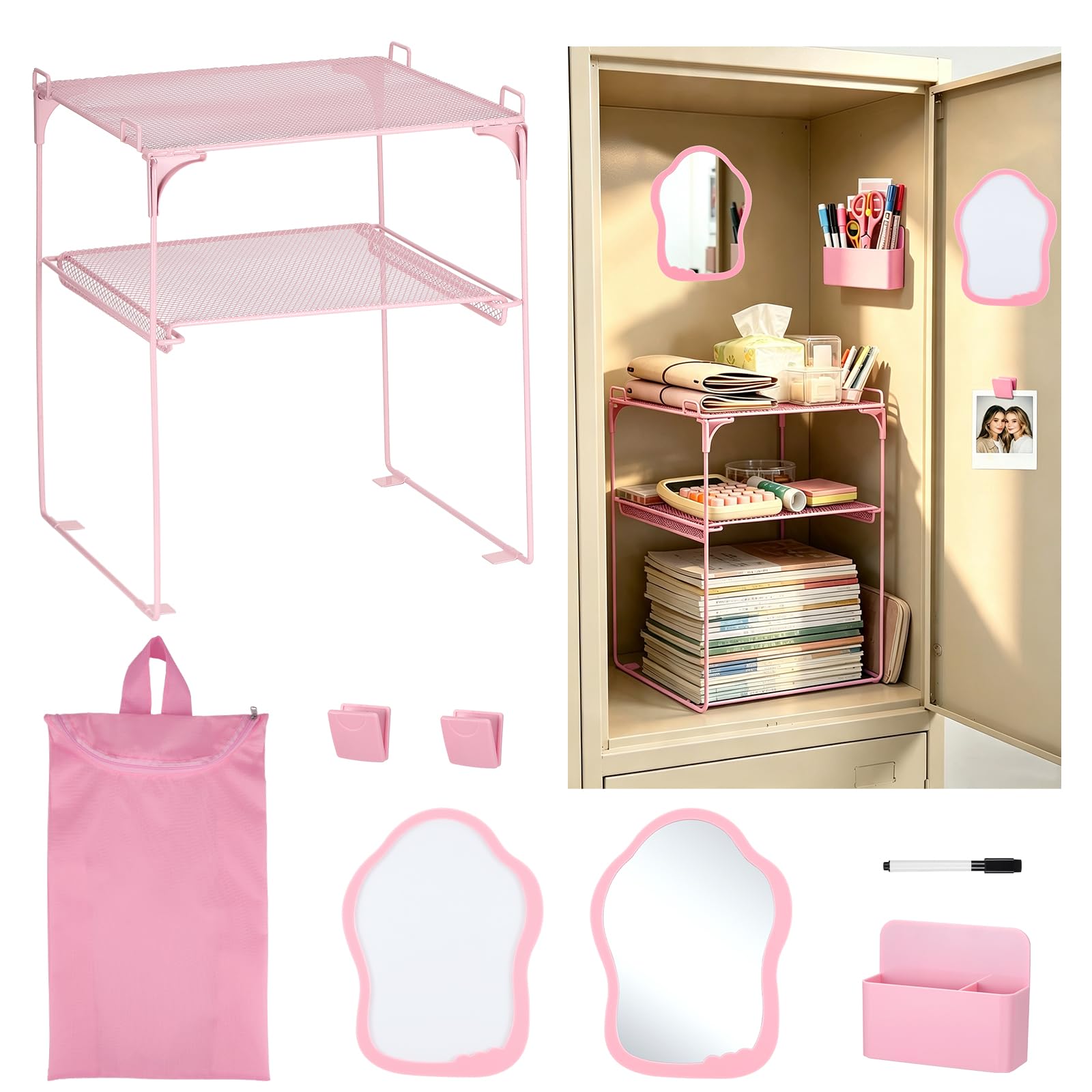 Pink 2-Tier Locker Organizer Shelf Locker Accessories Kit for School Girls