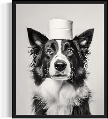 Collie Bathroom Black Framed Wall Art Print Poster, Dog Pet Lover Picture Painting Artwork Bedroom Living Room Office Dining Room 150G Collie Bathroom, 10" L x 8" W, Black Frame