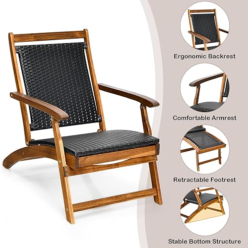 Miniatura 4 de RELAX4LIFE Chaise Lounge - Silla de mimbre plegable de madera de acacia con reposapiés retráctil, silla de terraza ergonómica que ahorra espacio