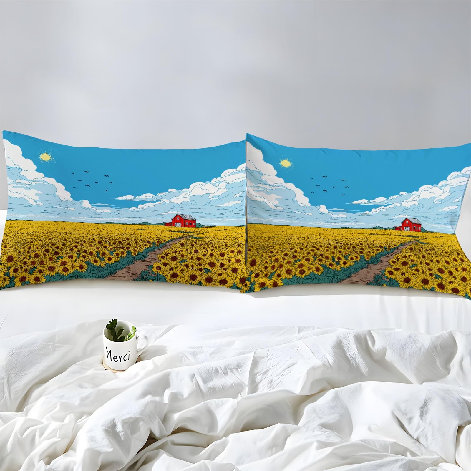 180 x 200 cm Drap Housse Microfibre, Champ Tournesols Dessin Animé Imprimé Parure De Lit Doux Élastique Drap Housse 30 cm Profonde pour Matelas Epais - Convient à Toutes Les Saisons, Jaune Bleu