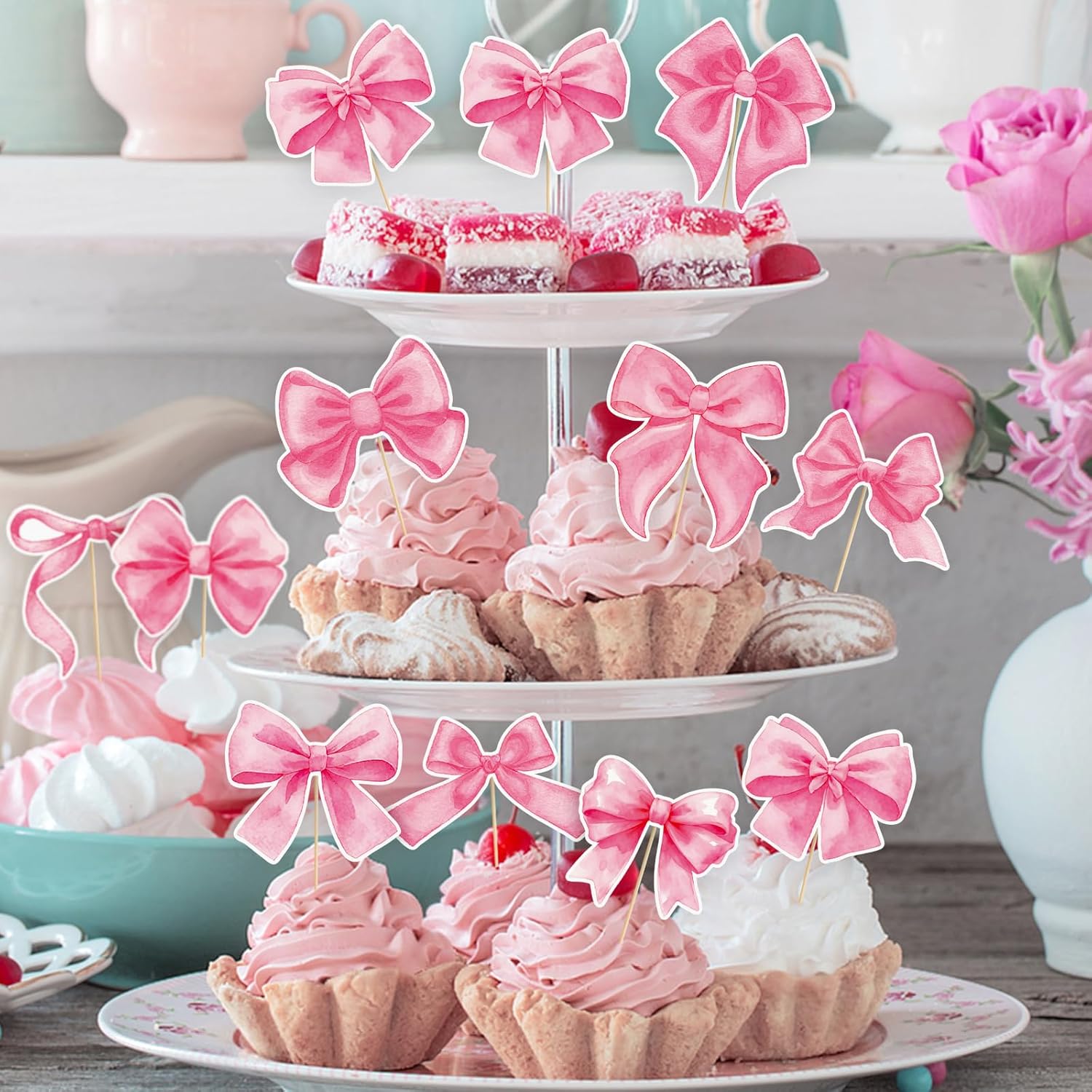 Hooqict 40Pcs Pink Bow Cupcake Toppers Pink Bow Birthday Cake Decorations Cupcake Picks for Girls Coquette Birthday Decorations Baby Shower Bachelorette Bridal Wedding Party