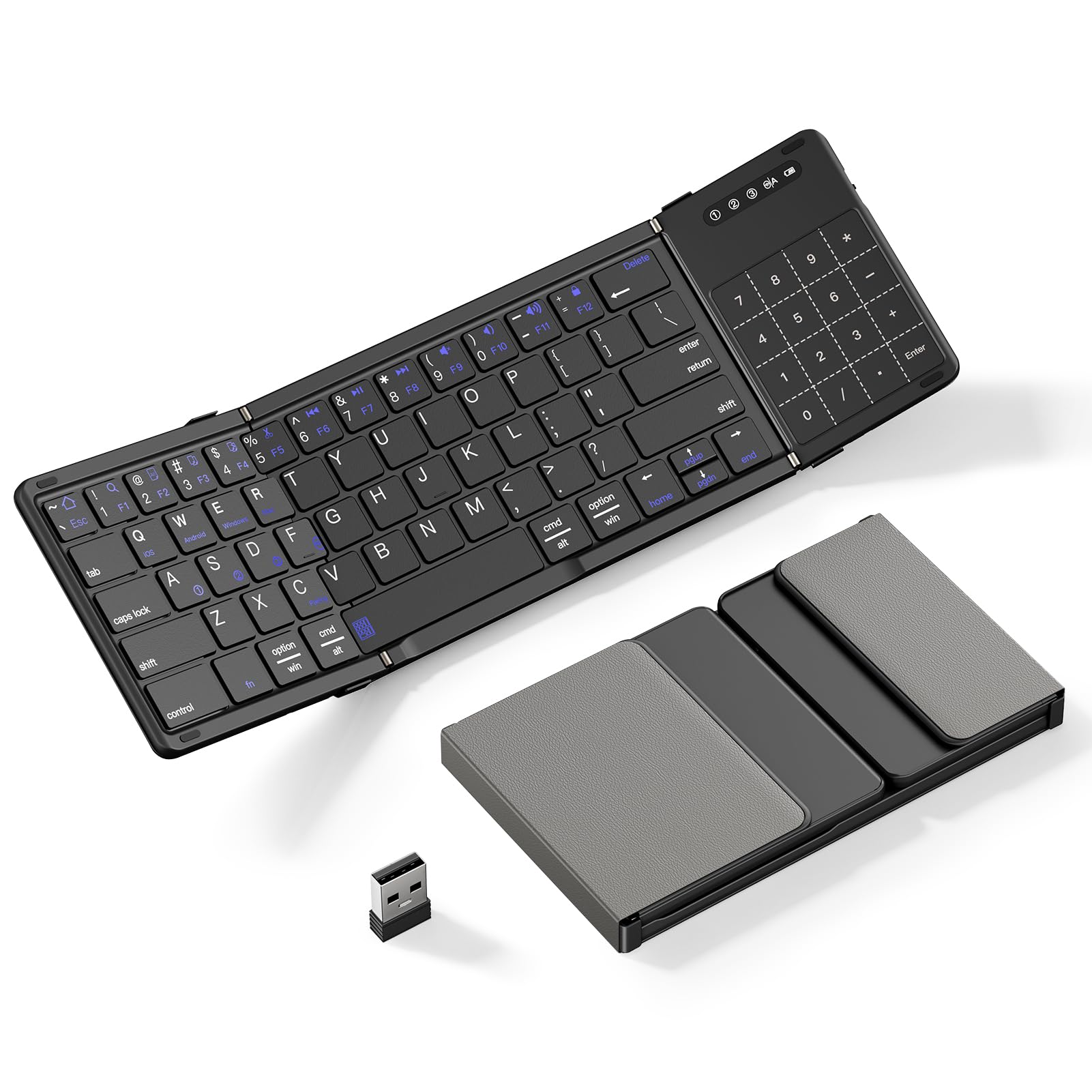 XIWMIX Tastiera Bluetooth pieghevole 2 in 1 con touchpad e tastierino numerico, multi-dispositivo pieghevole wireless ricaricabile portatile tastiera da viaggio per iPad, laptop, PC, compatibile con