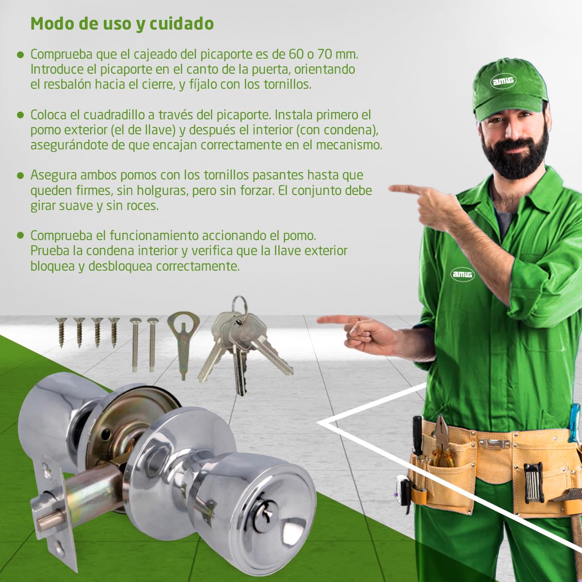 Amig - Juego de Pomos para Puerta de Entrada Interior - Para Puertas de Madera 35‑45 mm - Picaporte 60/70 mm con Condena Interior - Instalación con Agujero Ø54 - Latón Cromado brillo - Mod. 600
