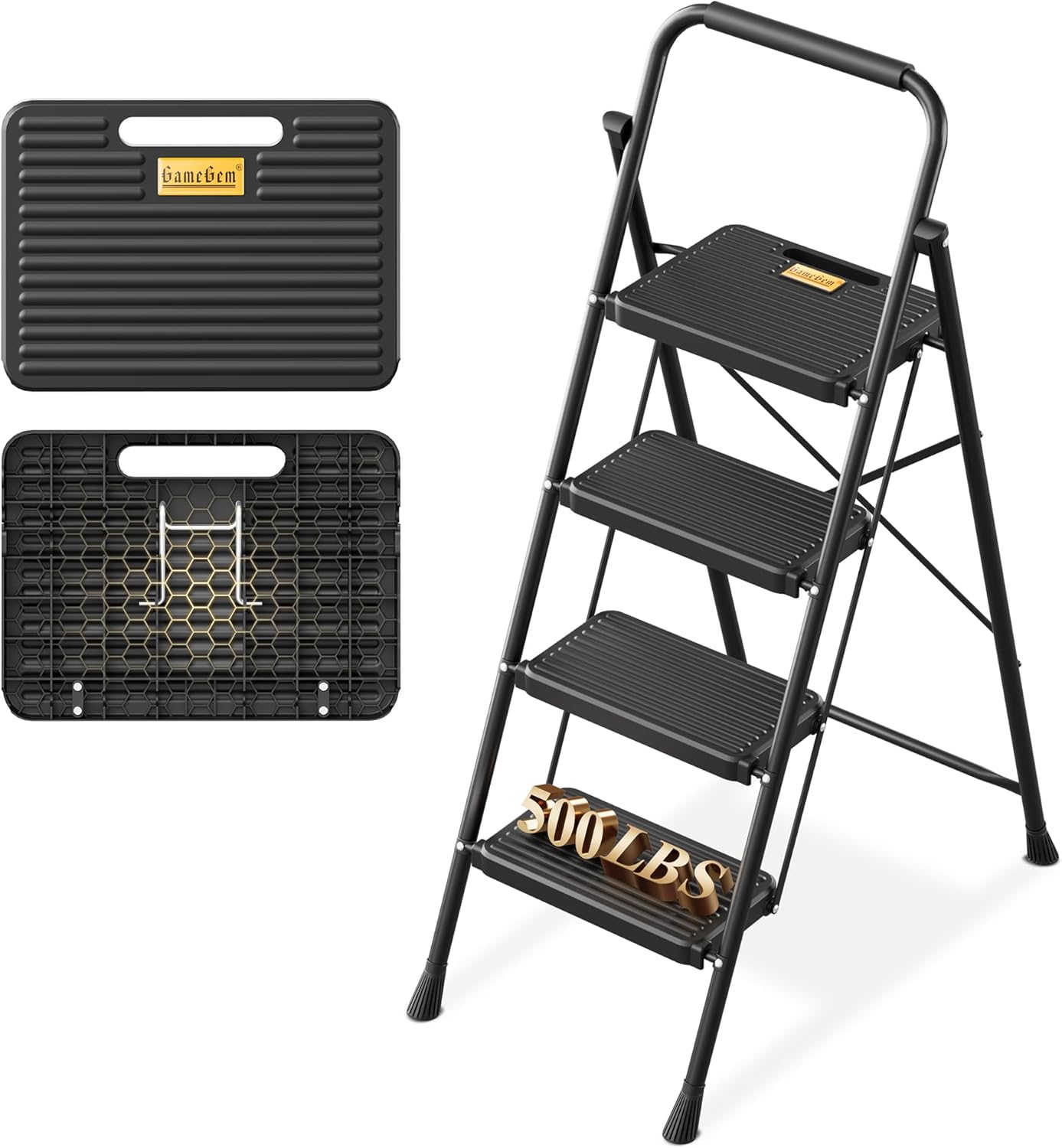 GameGem 4 Step Ladder, Foldable Step Stool with Newly Designed Sturdy Honeycomb Construction, Folding Step Ladder for Adults, Thickened Carbon Steel, Anti-Slip Stripes Pedal, 500 lbs Capacity