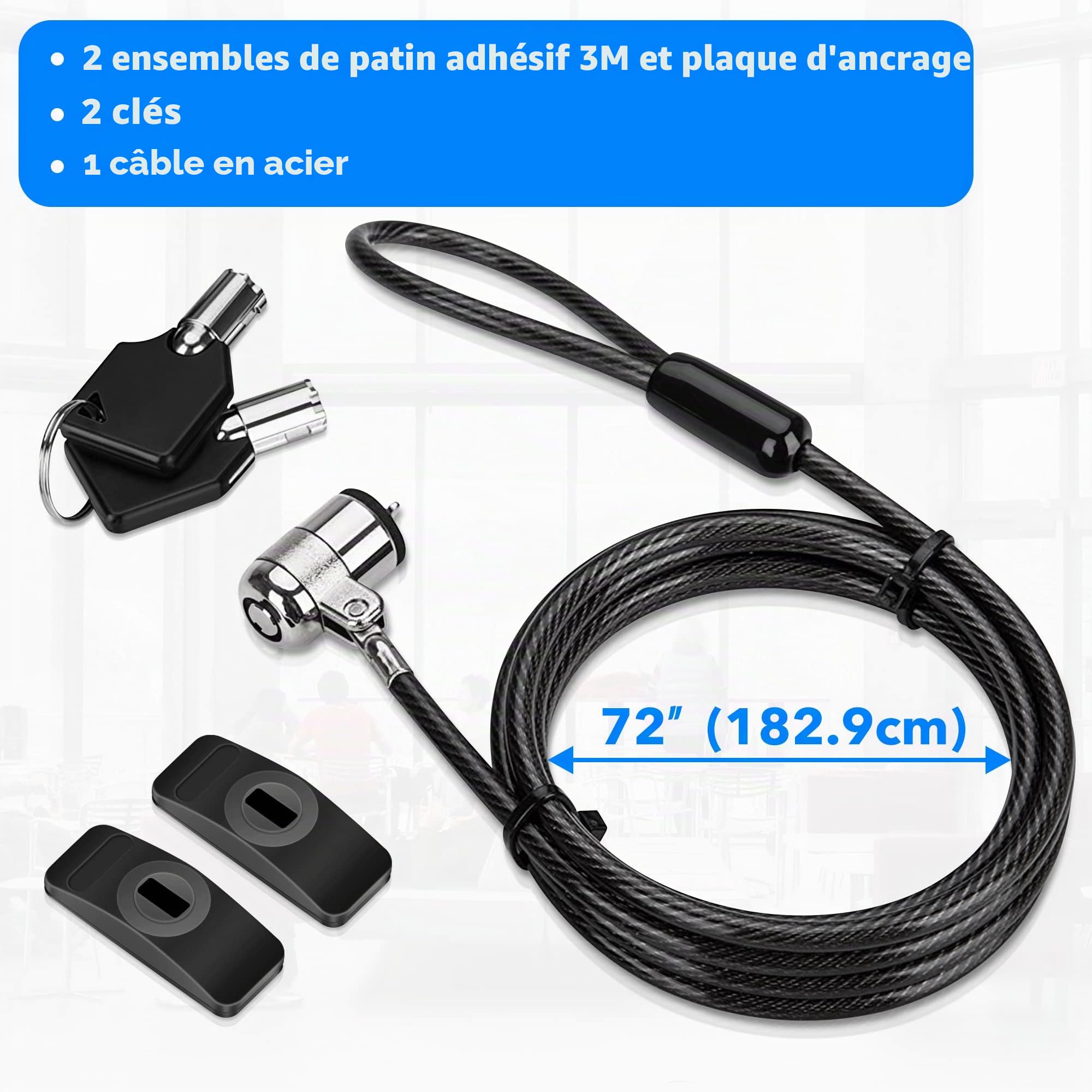 AboveTEK Câble Antivol PC Portable Câble de Sécurité, Kit de Serrure de Sécurité en Acier avec 2 Clés pour Ordinateur Portable Tablette iPad Smartphone Mac iphone Moto Bureau