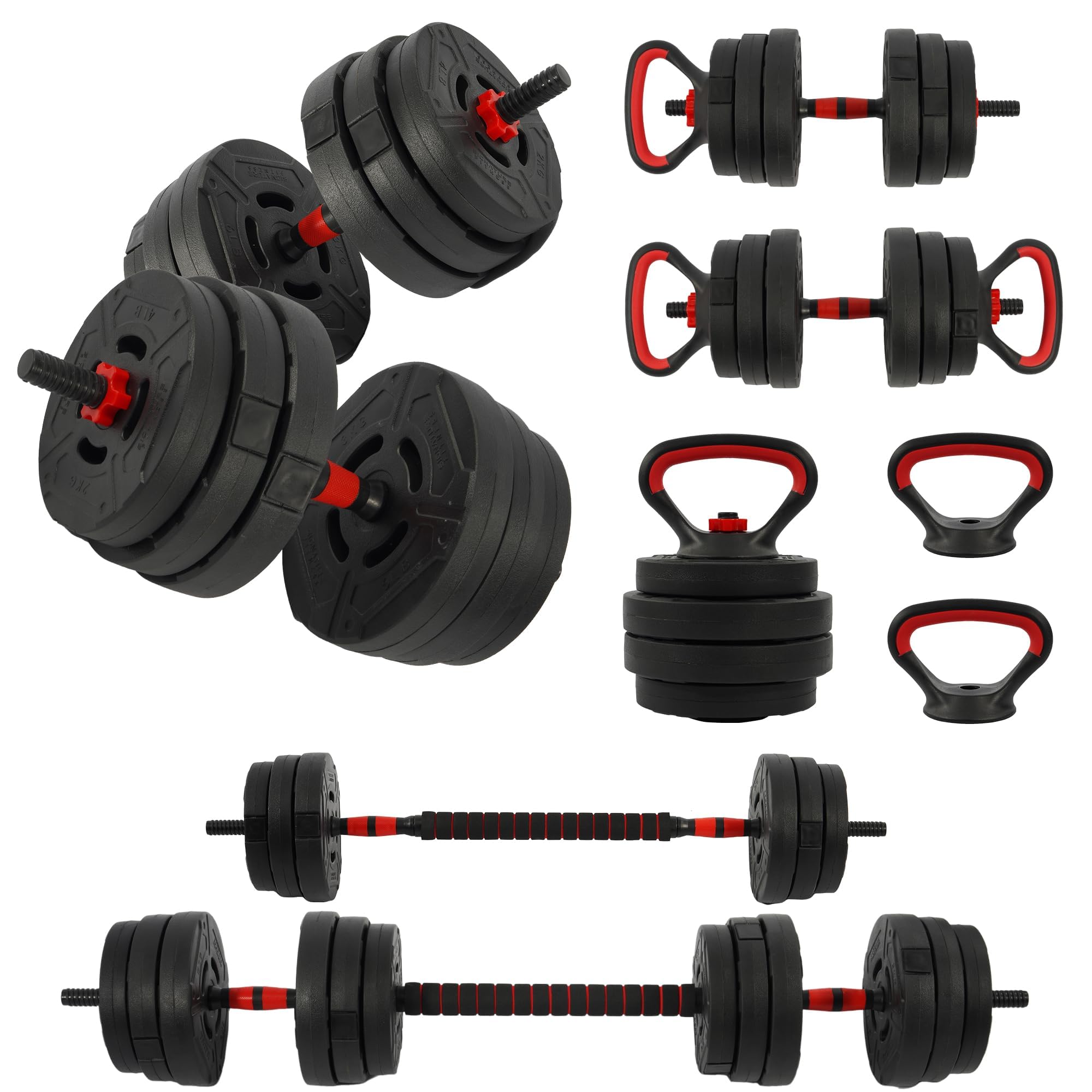 Fitvids Multi-Functional Portable Changeable Dumbbell and Barbell Kettlebell Set with Adjustable Weights Multiple Styles 40LBS or 60LBS Sets