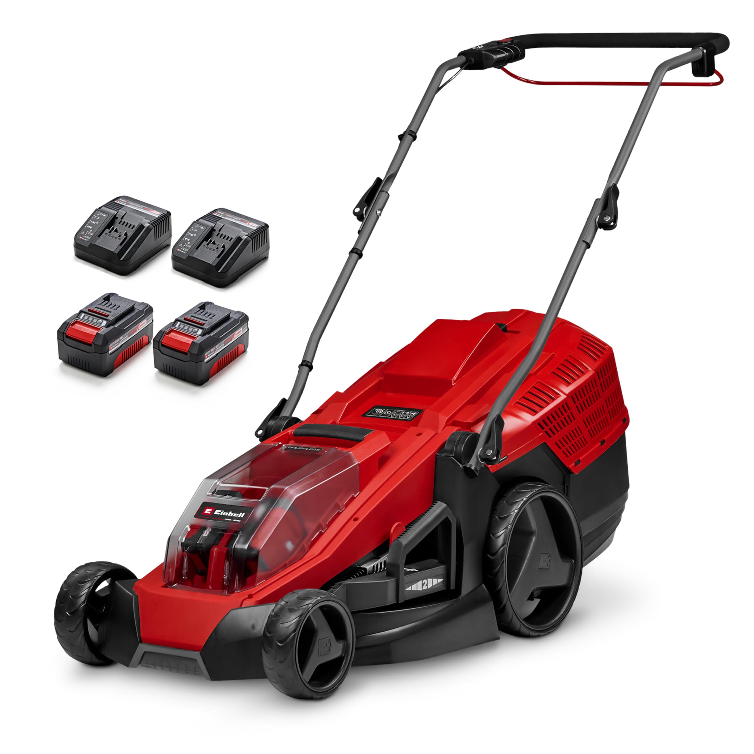 Einhell Akku-Rasenmäher GE-cm 36/43 Li M Kit Power X-Change (36 V, 43 cm Schnittbreite, bis 600 m², Brushless, Mulchfunktion, inkl. 2X 4,0 Ah PXC-Akku und 2X Ladegerät)