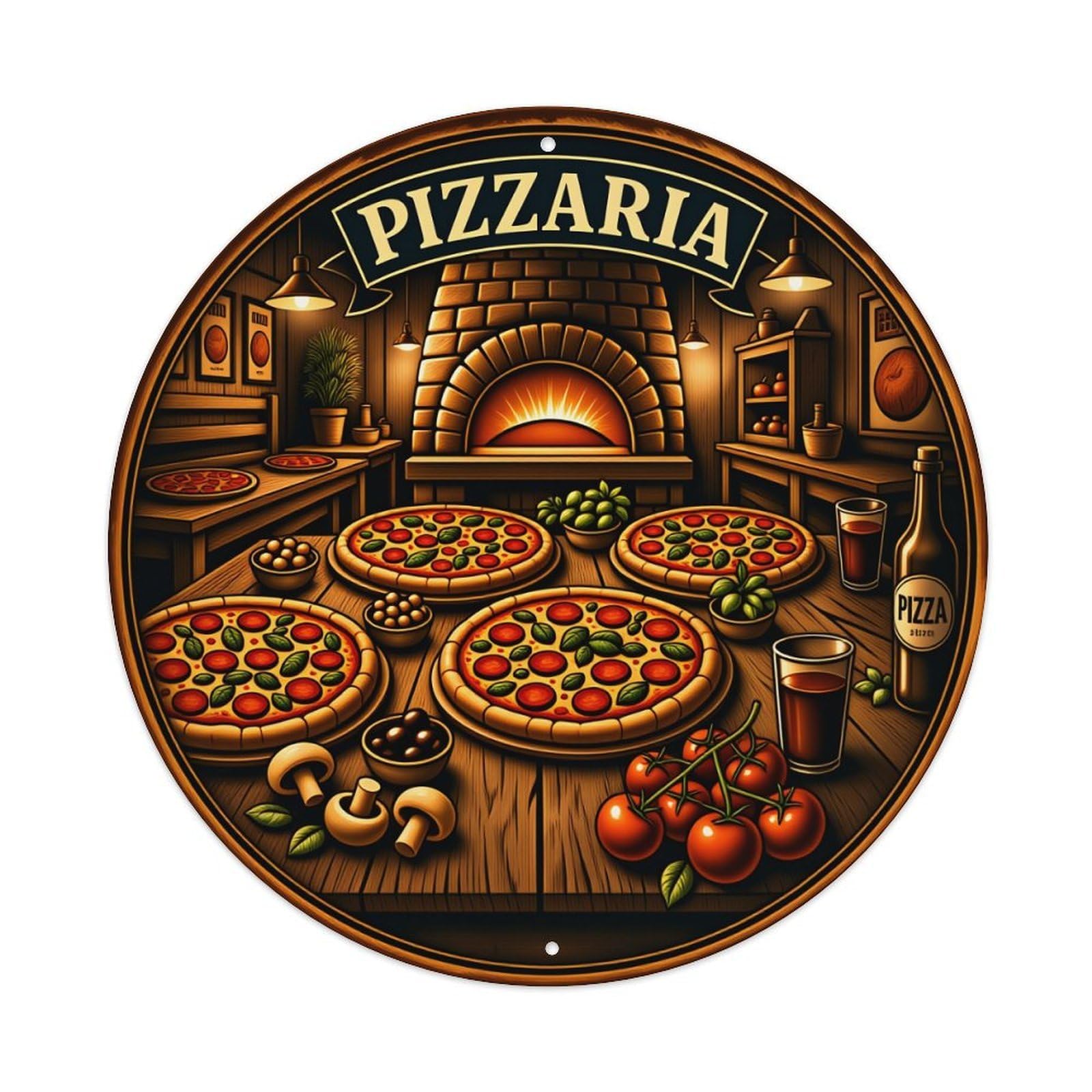Pizza Oven Wood Table Ingredients Round Tin Sign Vintage Metal Poster Retro Bar, Home, Man Cave, Kitchen, Laundry Room Wall Art Decor Gift 8x8In