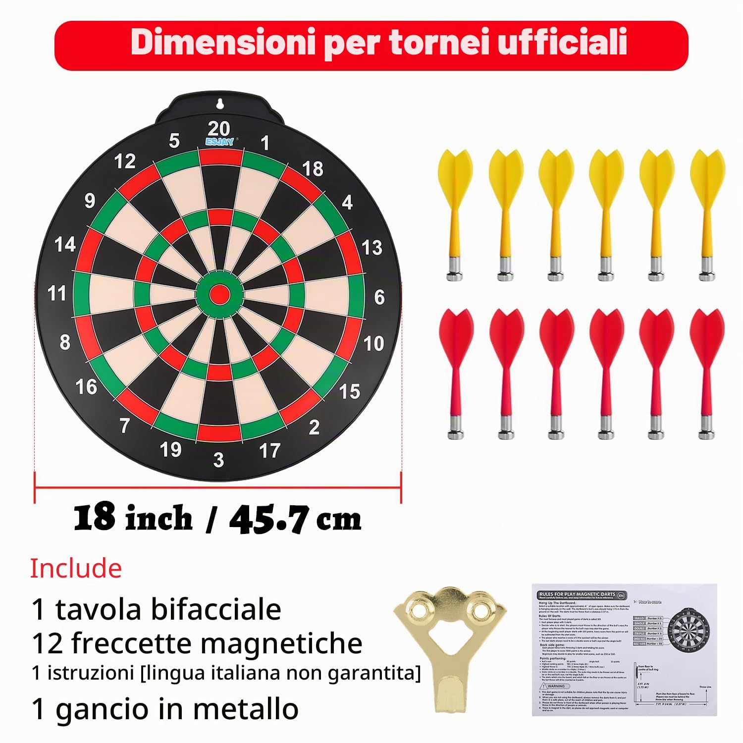 Esjay Set di freccette magnetiche da 45,7 cm per bambini di 8+ anni, giocattoli da ragazzo regalo per interni ed esterni con 12 freccette, bersaglio a doppia faccia di grandi dimensioni gioco sicuro