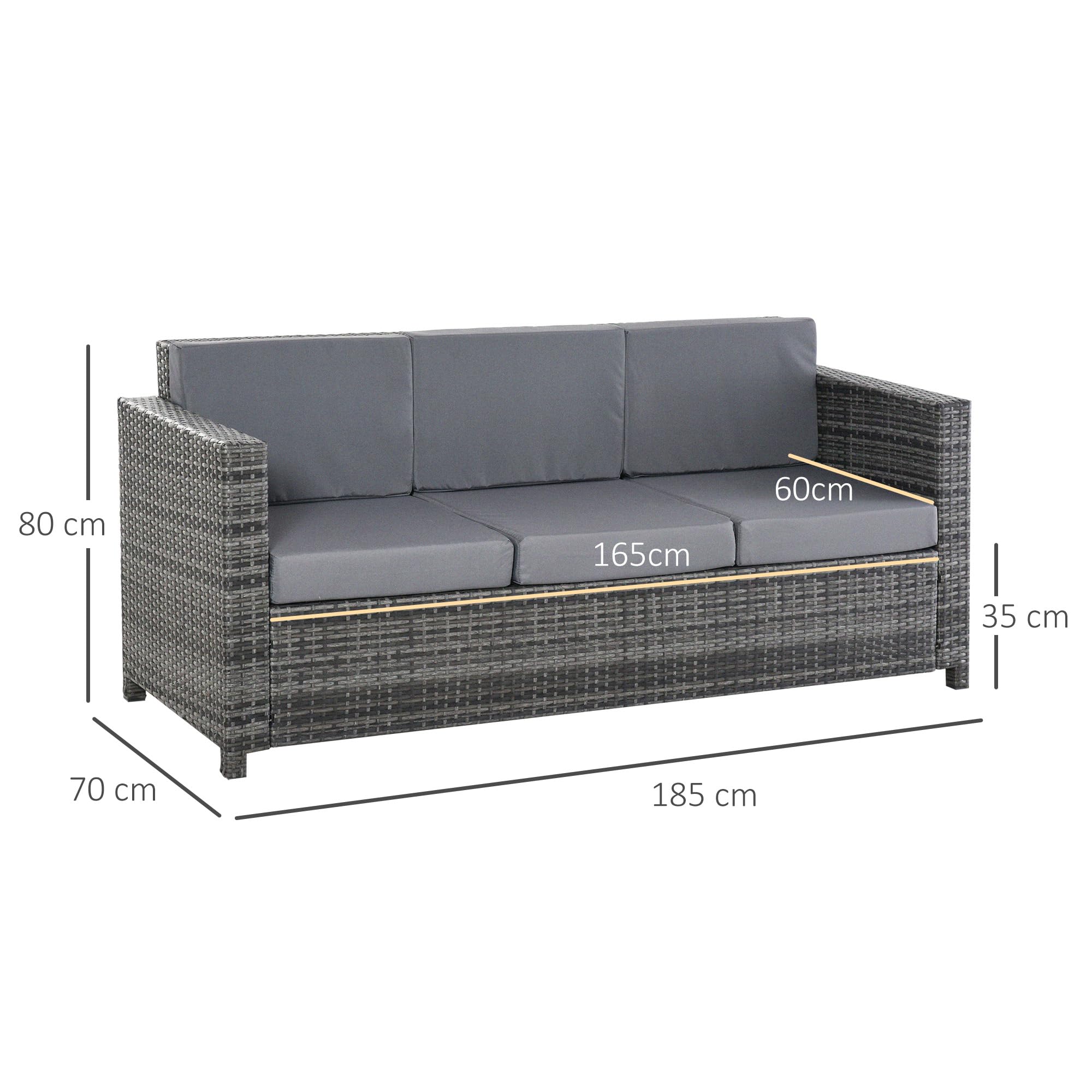 Outsunny Divanetto da Esterno 3 Posti in Rattan PE, Divano da Esterno con Cuscini Imbottiti e Sfoderabili, Struttura in Metallo per Giardino, Patio e Terrazzo, 185x70x80 cm, Grigio