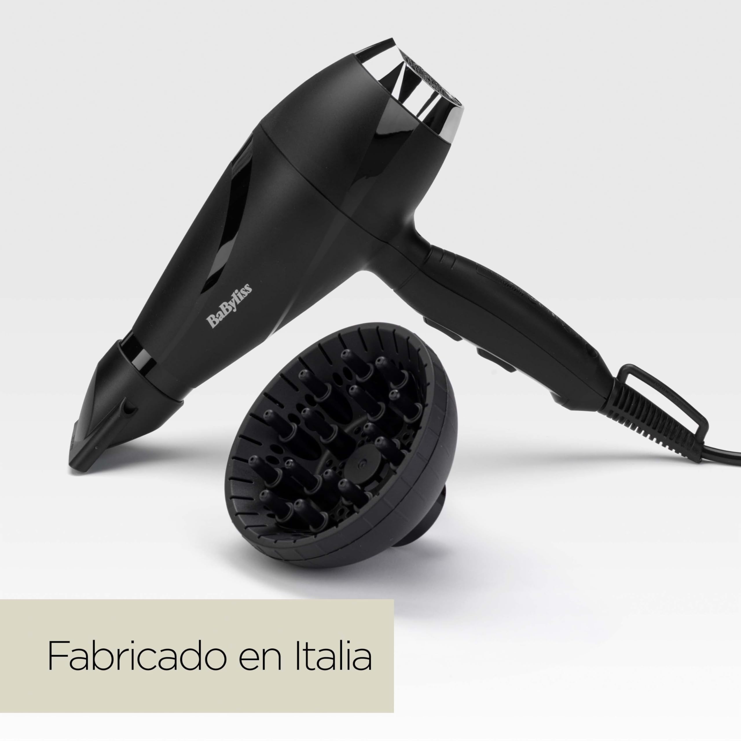 BaByliss Secador de Pelo Shine Pro 2200 – Tecnología iónica, 2200 W, Antiencrespamiento, Difusor y Boquilla Concentradora, Fabricado en Italia, Negro, 6713DE