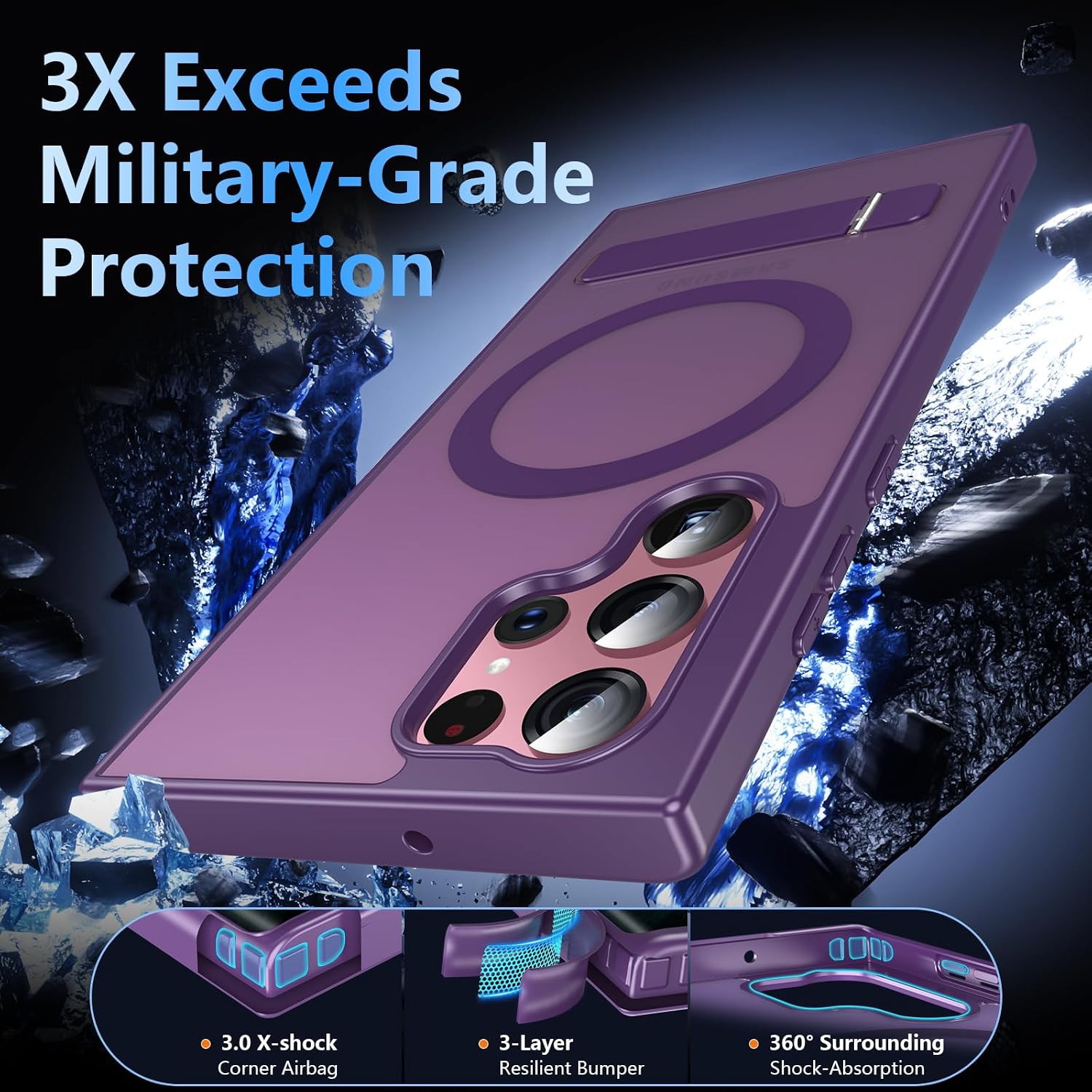 OWKEY for Samsung Galaxy S22 Ultra Case with Stand, Compatible with MagSafe, Magnetic Phone Case Military-Grade Protection Shockproof Matte Cover for Samsung Galaxy S22 Ultra 5G (Purple) thumbnail