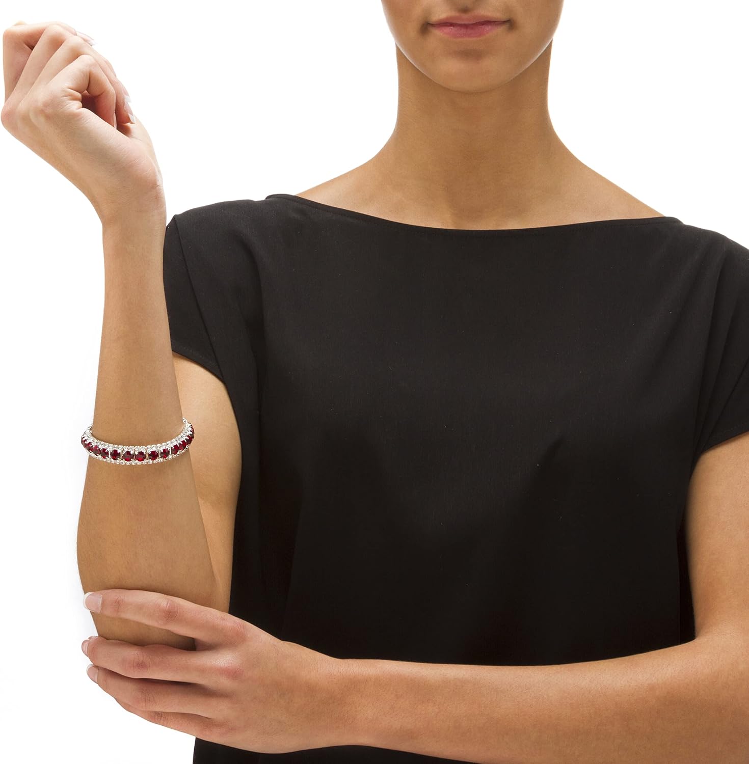 PalmBeach Silvertone Round Simulated Birthstone and Round Crystal, Tennis Bracelet (10mm), Fold Over Clasp, 7 inches Month 1