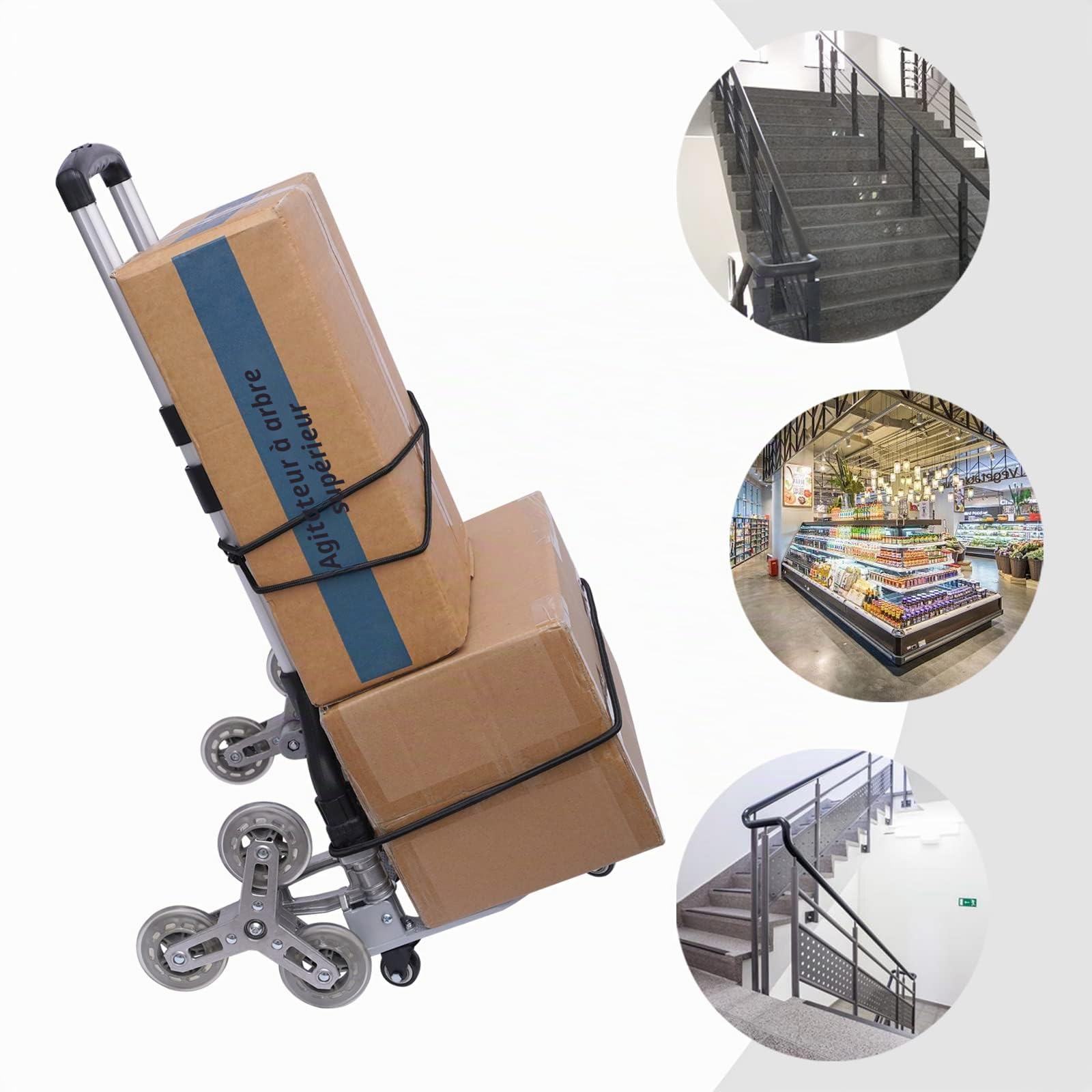 Diable d'escalier pliable en aluminium 10 roues et poignée télescopique (26-42 pouces) Transport réglable en hauteur Charge maximale 75 kg + sac étanche pour déménagement