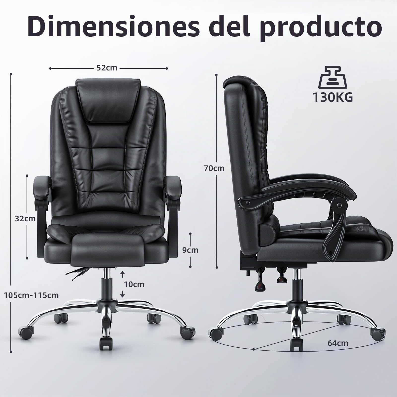 rattantree Silla de Oficina Ergonómica, Silla Giratoria de Cuero PU, Negro | Silla de Escritorio con Reposabrazos Acolchado, Función de Inclinación, Ajustable en Altura, Silla Ejecutiva con Ruedas