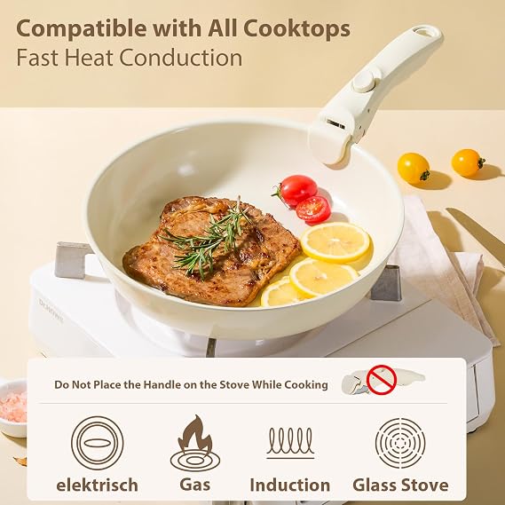 Pots and Pans Non Stick,16Pcs Ceramic Nonstick Cookware Sets, Induction Kitchen tagines Set with Removable Handle, Cooking Frying Pans & Saucepans(PFOA Free), Oven/Dishwasher/Fridge Safe, Space Saving