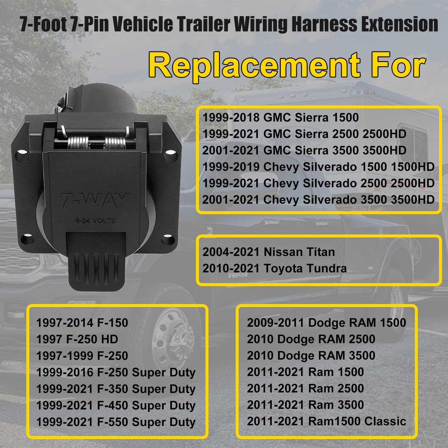 Newdeli Truck Bed 7-Foot 7-Pin Trailer Wiring Harness Extension - 7 Way Trailer Plug Extension Compatible with Chevrolet Dodge Ford GMC Nissan Ram Toyota for 5th-Wheel and gooseneck Trailers