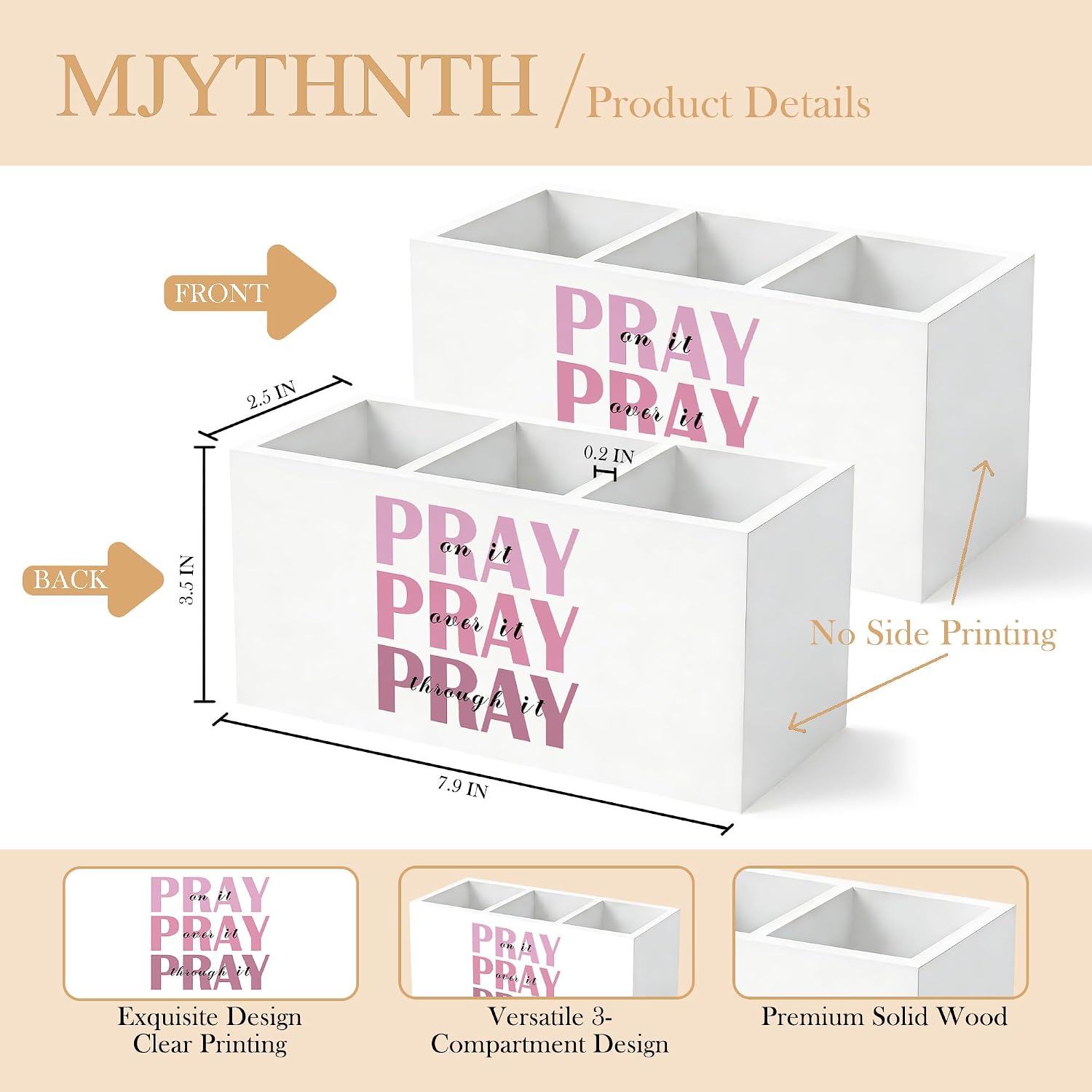 Pink Inspirational Bible Verse Pencil Pen Holder for Desk, Christian Gifts for Women, Pray on Over Through It Wooden Box Sign Pen Holder Organizer for Home Office Desk Accessories image 2