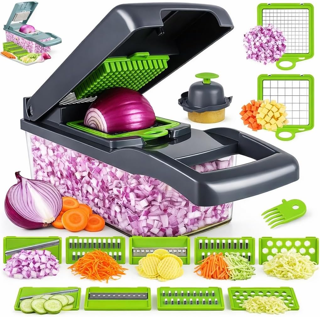 14-in-1 Vegetable Chopper and Slicer with Stainless Steel Blades, White and Green