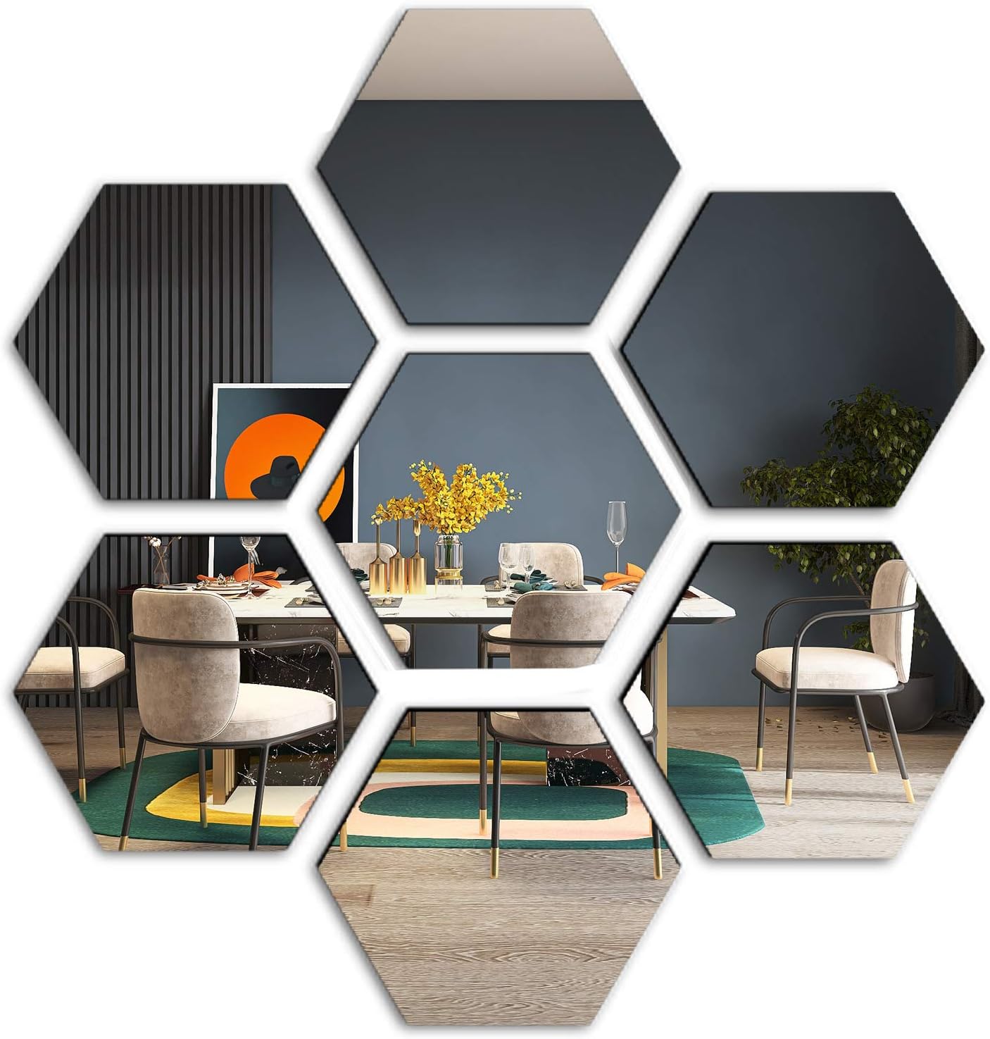 E EVENLIM 12 Pieces Hexagon Acrylic Mirrors 3D Wall Decor Tile Sticker, Silver Wall Decals for Bedroom Living Dining Bath Room Decorations Aesthetic for Teen Girls boy (7.9''x6.7''x4'')…