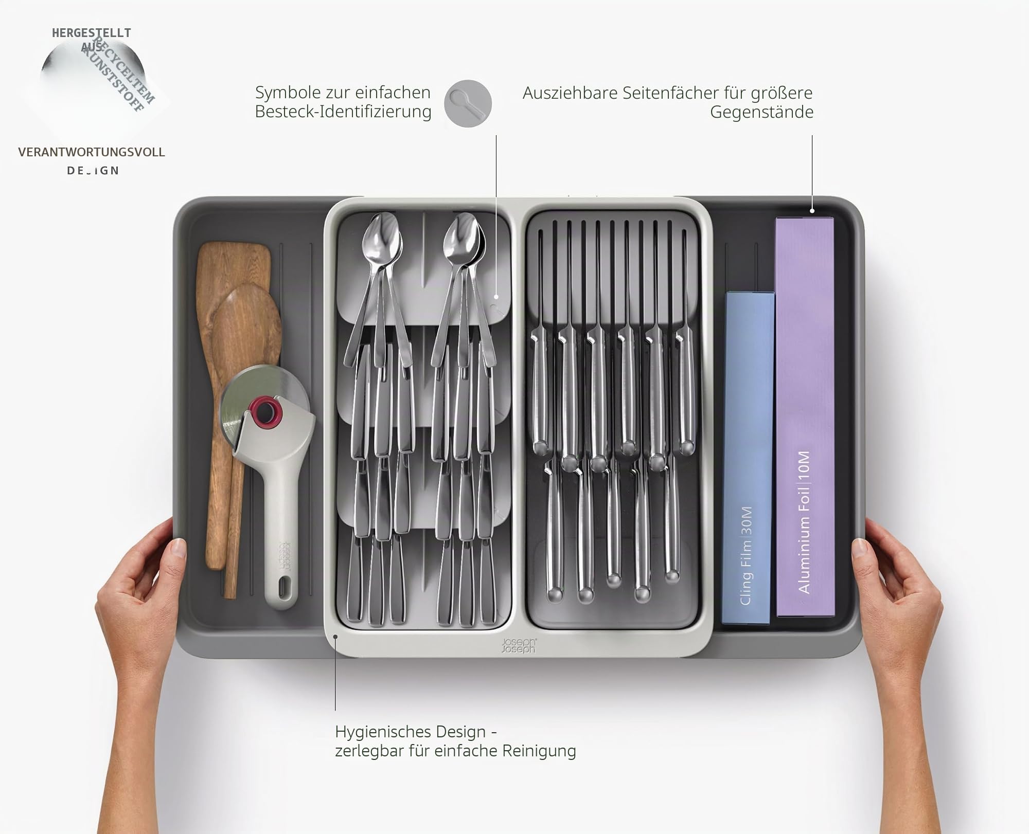 Joseph Joseph DrawerStore Erweiterbarer Besteckeinsatz mit mit Messerblock, Platzsparend, recyceltem Plastik