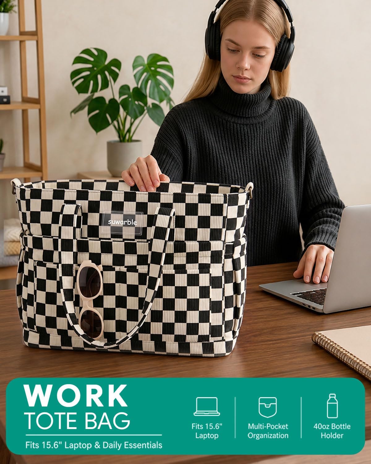 Corduroy Tote Bag for Women, Work Bag, Teacher Bag, Laptop Tote for Office Travel & School