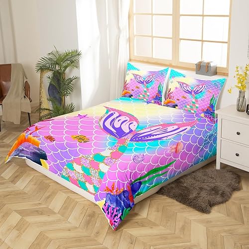 Miniatura 2 de Decoración de sirena para niñas, tamaño matrimonial, funda de edredón de sirena, animales marinos náuticos, cola de sirena, juego de cama de peces
