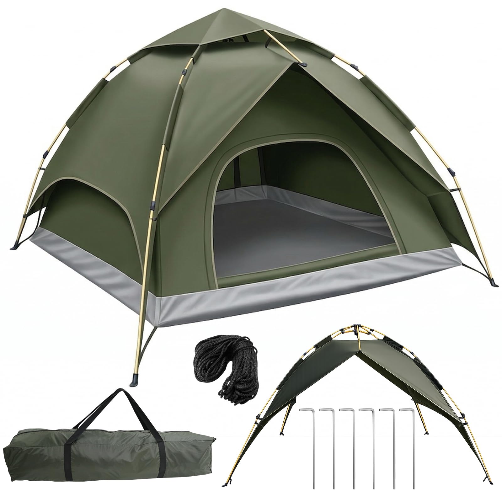 Pop Up Zelt 3-4 Personen, Automatisches Wurfzelt mit 3000mm Wasserdicht, Doppelwand Campingzelt für Festival, Trekking & Familie, Schnellaufbau in 40 Sek, 2 Türen, 2.3x2.3x1.2m, Grau