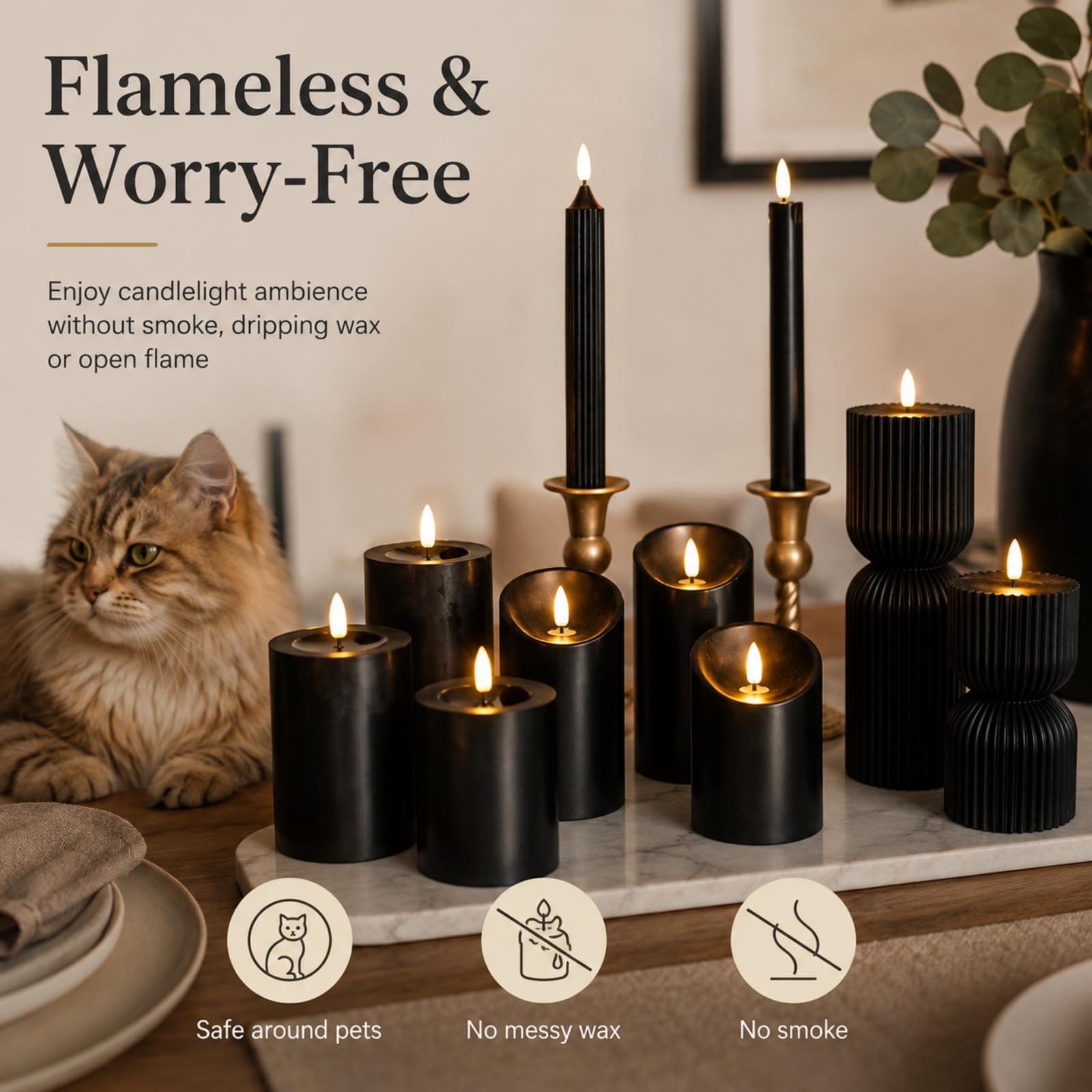 Mateju 12 Pezzi Candele LED Fiamma Oscillante con Telecomando e Timer, Candele LED Decorative a Batteria Luci Senza Fiamma Lunghe per Interni Esterni Camera da Letto Sala (Nero)