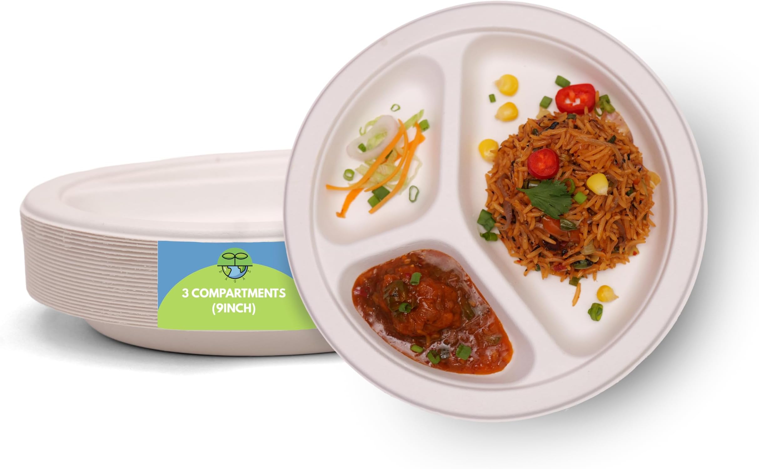 Bagaz Biodegradable Disposable Paper Plates| Compostable Sustainable Thali | Sturdy Water-Resistant Microwave-Safe Tableware for Catering, Picnics, Weddings, Birthdays & Events (100, "9inch)