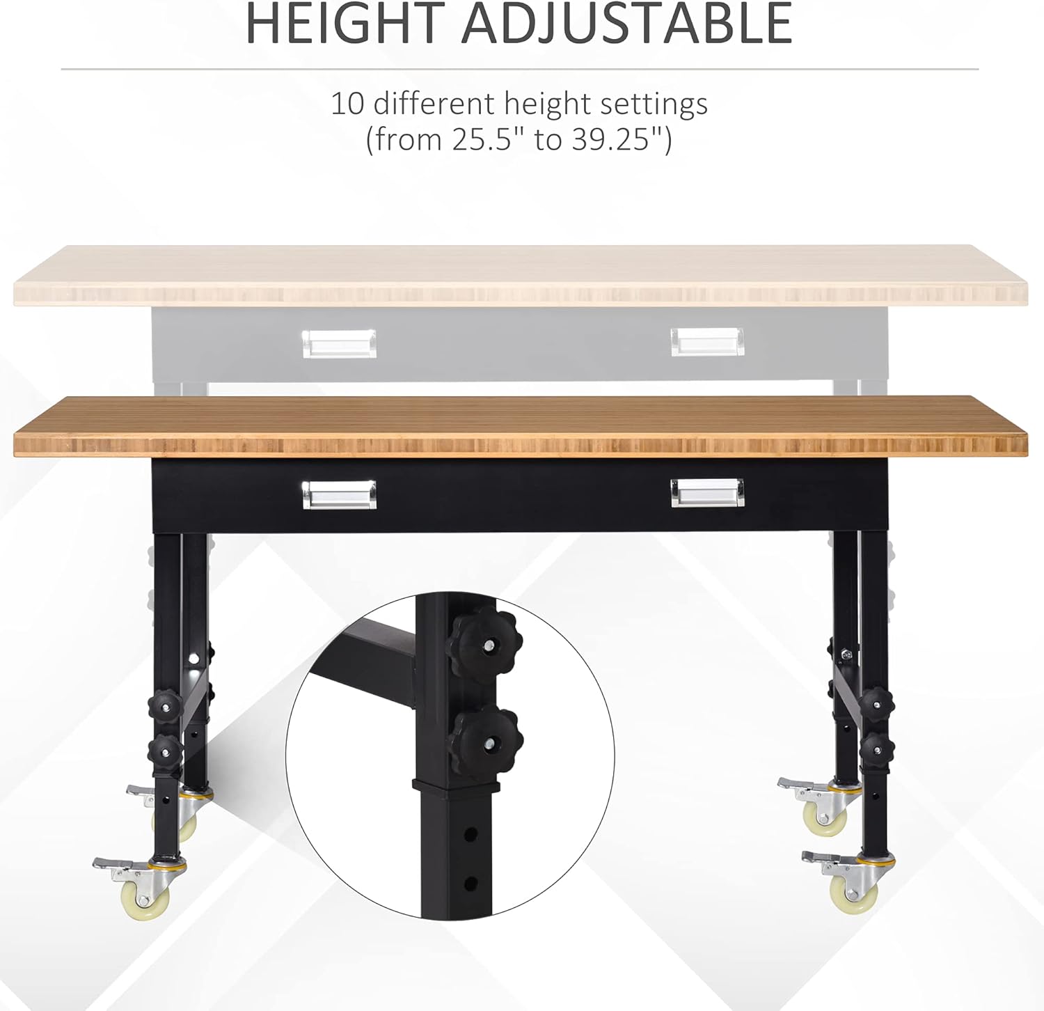 HOMCOM 47" Mobile Project Workbench Station with Height Adjustable Legs and Bamboo Tabletop, Black/Natural - - 