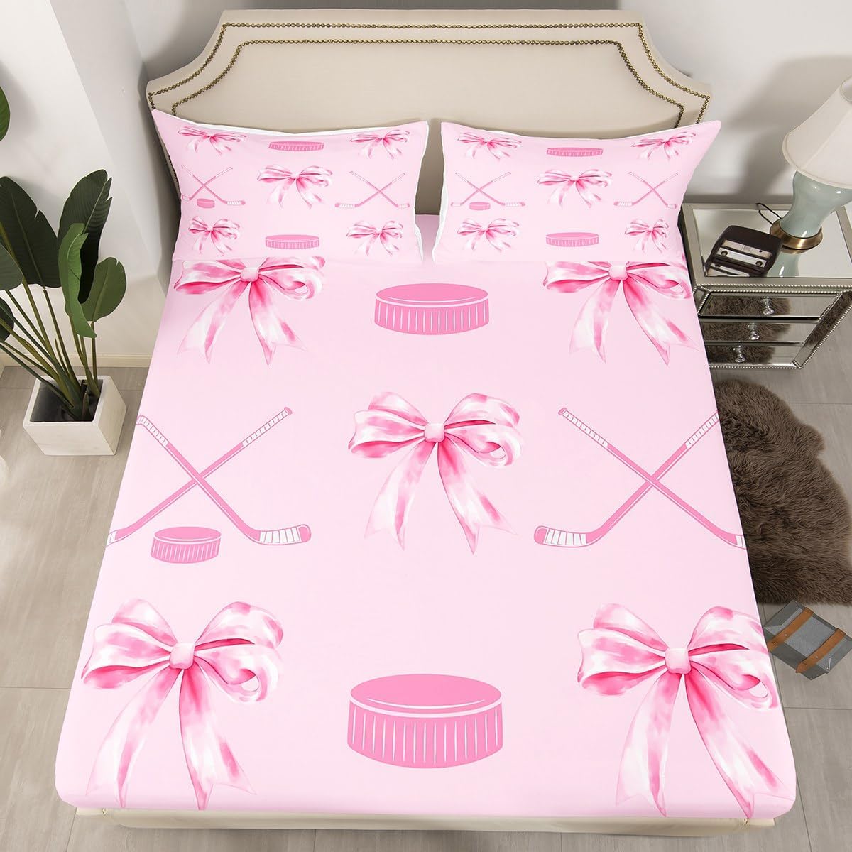 Hockey Bow Fitted Sheet Full 3 Pcs,Cartoon Ice Hockey Bedding Set for Kids Boys Teens Men,Dreamy Pink Bowknot Bed Sheet (No Top Sheet),Sport Girl Princess Style Deep Pocket Sheett,2 Pillowcases